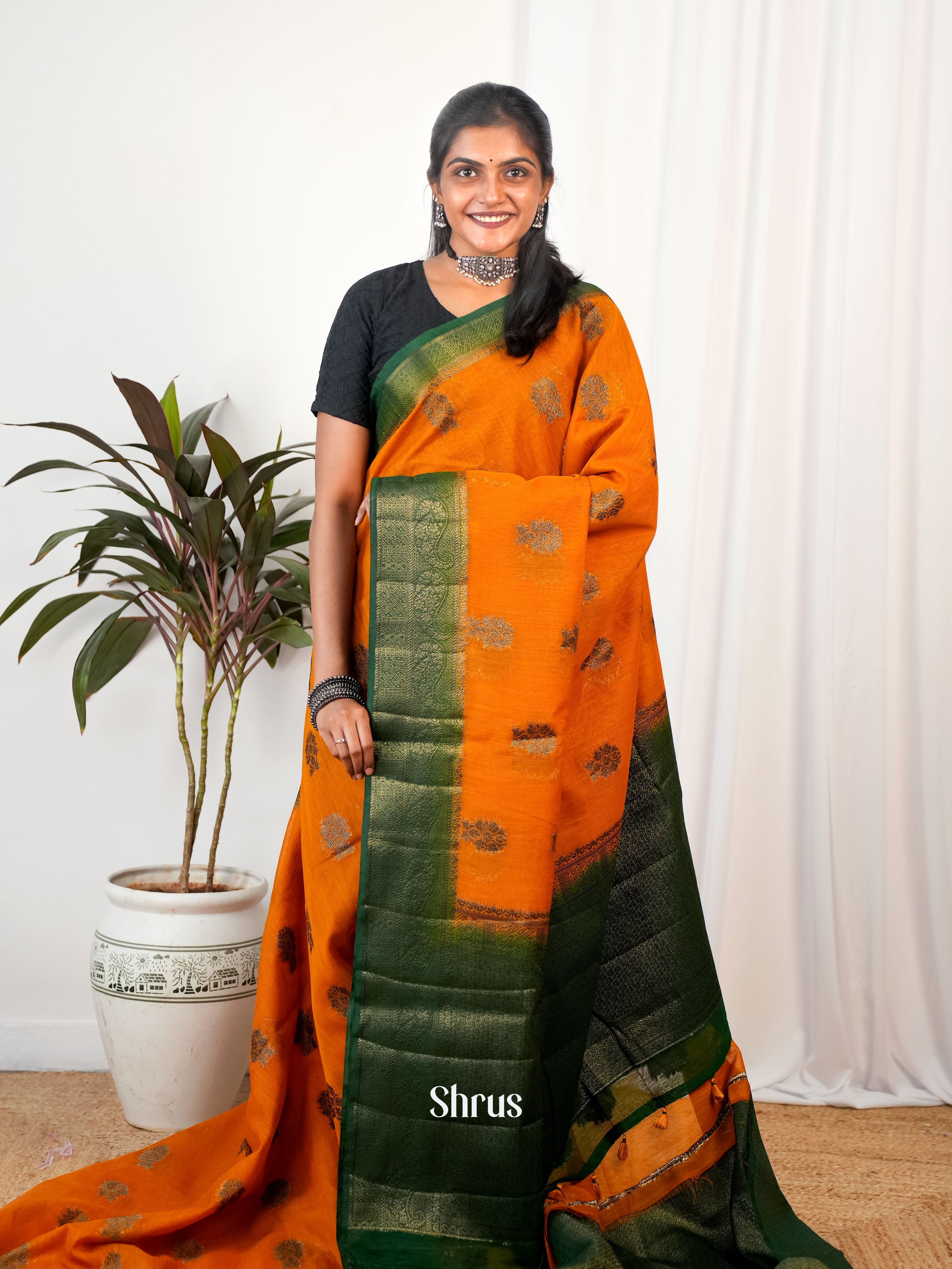 Orange & Green- Semi Jute Saree - Shop on Shrus.com