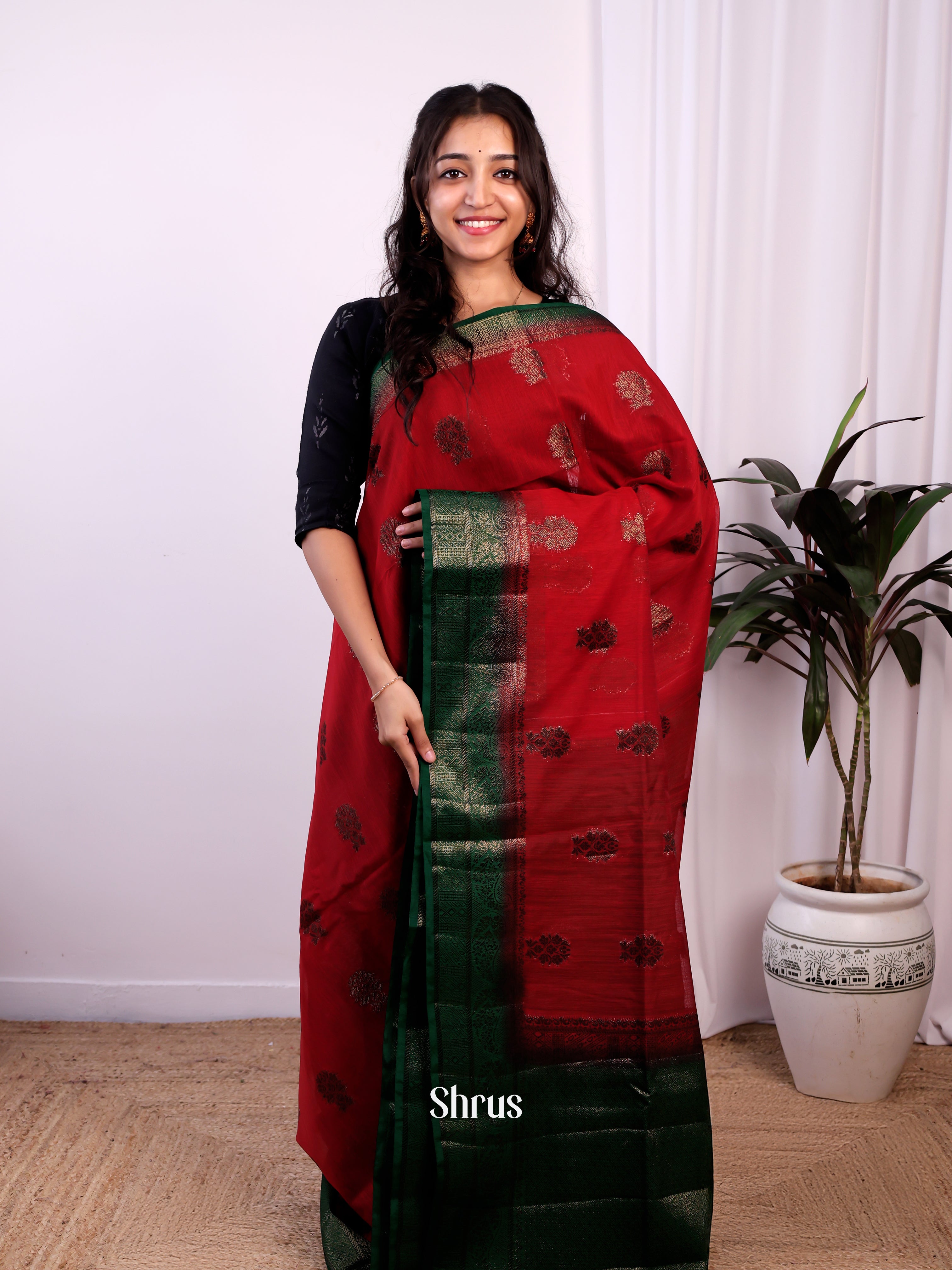 Red & Green - Semi Jute Saree - Shop on Shrus.com