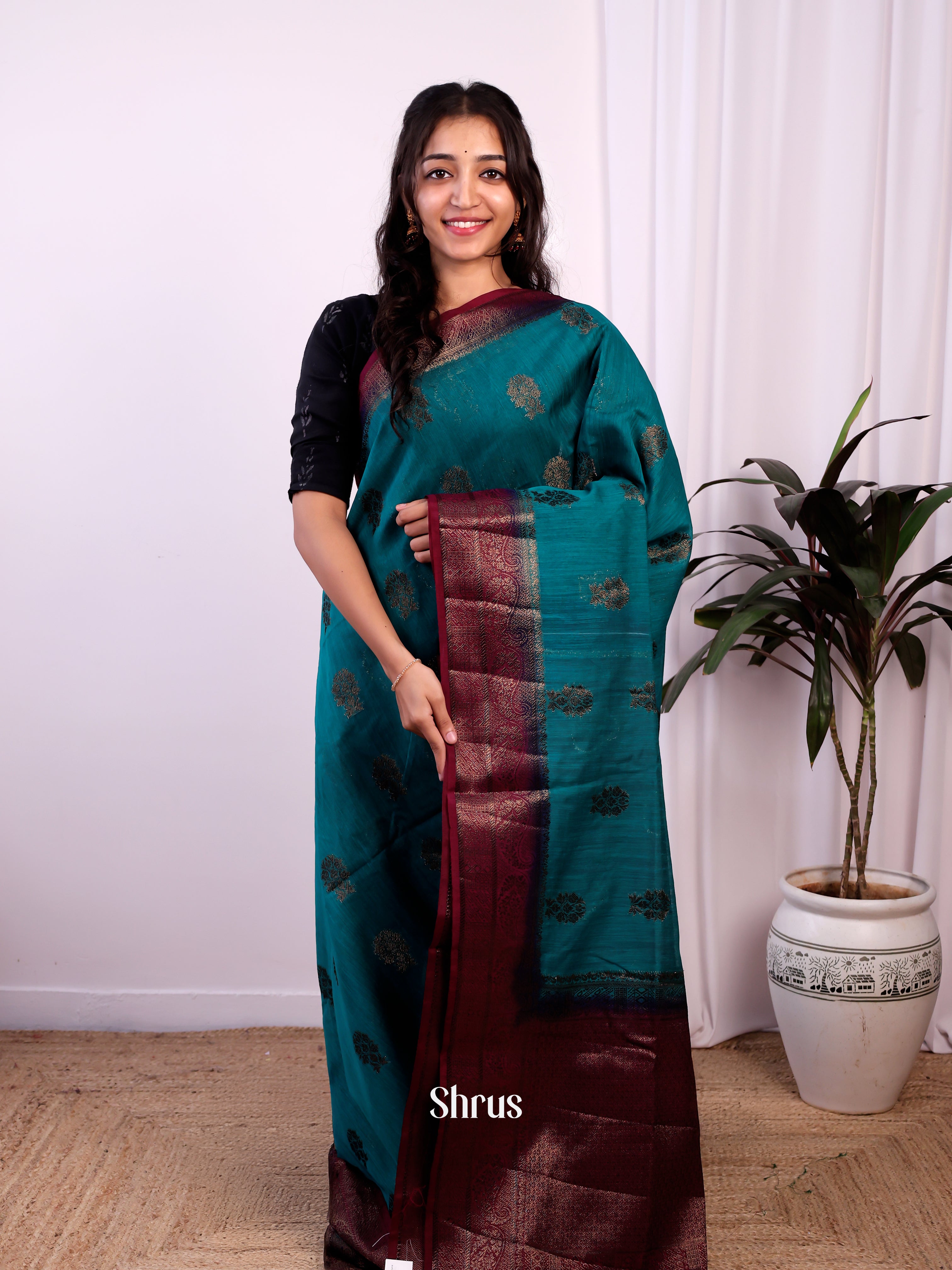 Blue & Maroon - Semi Jute Saree - Shop on Shrus.com