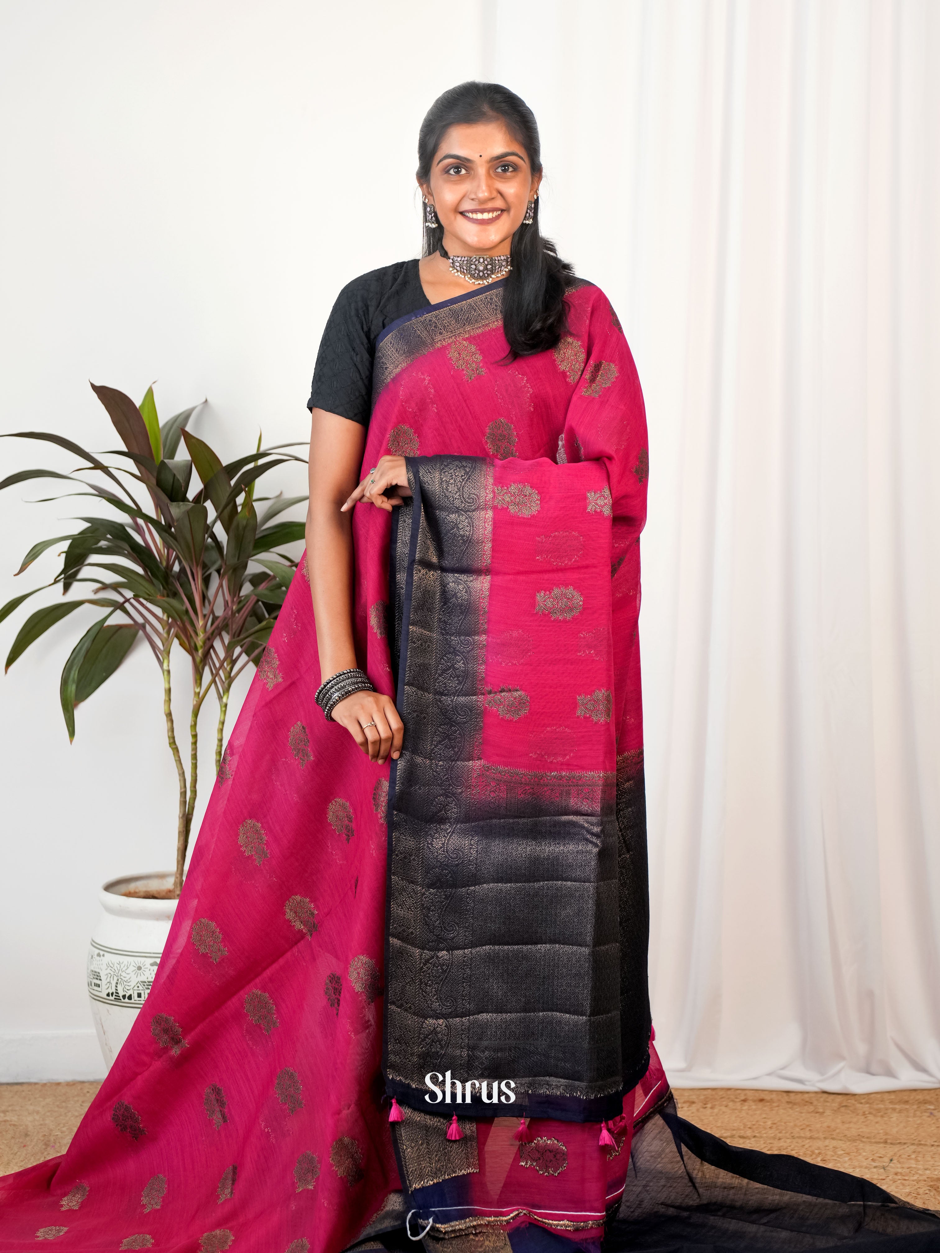 Pink & Blue- Semi Jute Saree - Shop on Shrus.com