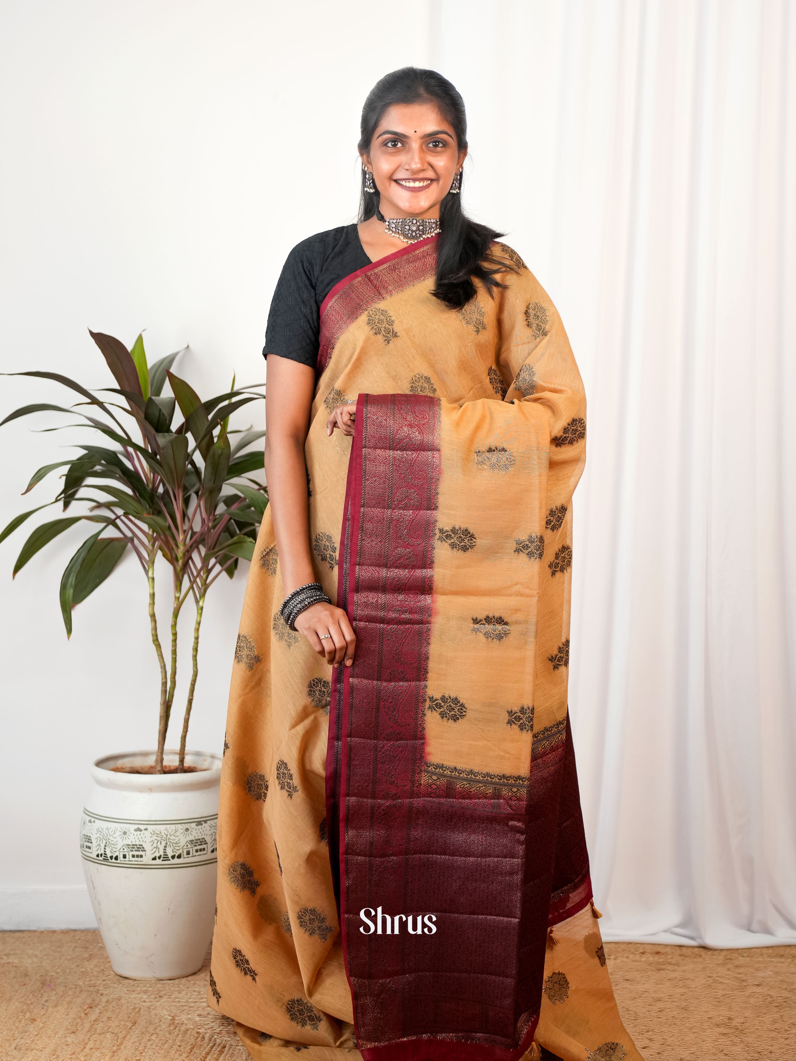 Beige & Maroon - Semi Jute Saree - Shop on Shrus.com