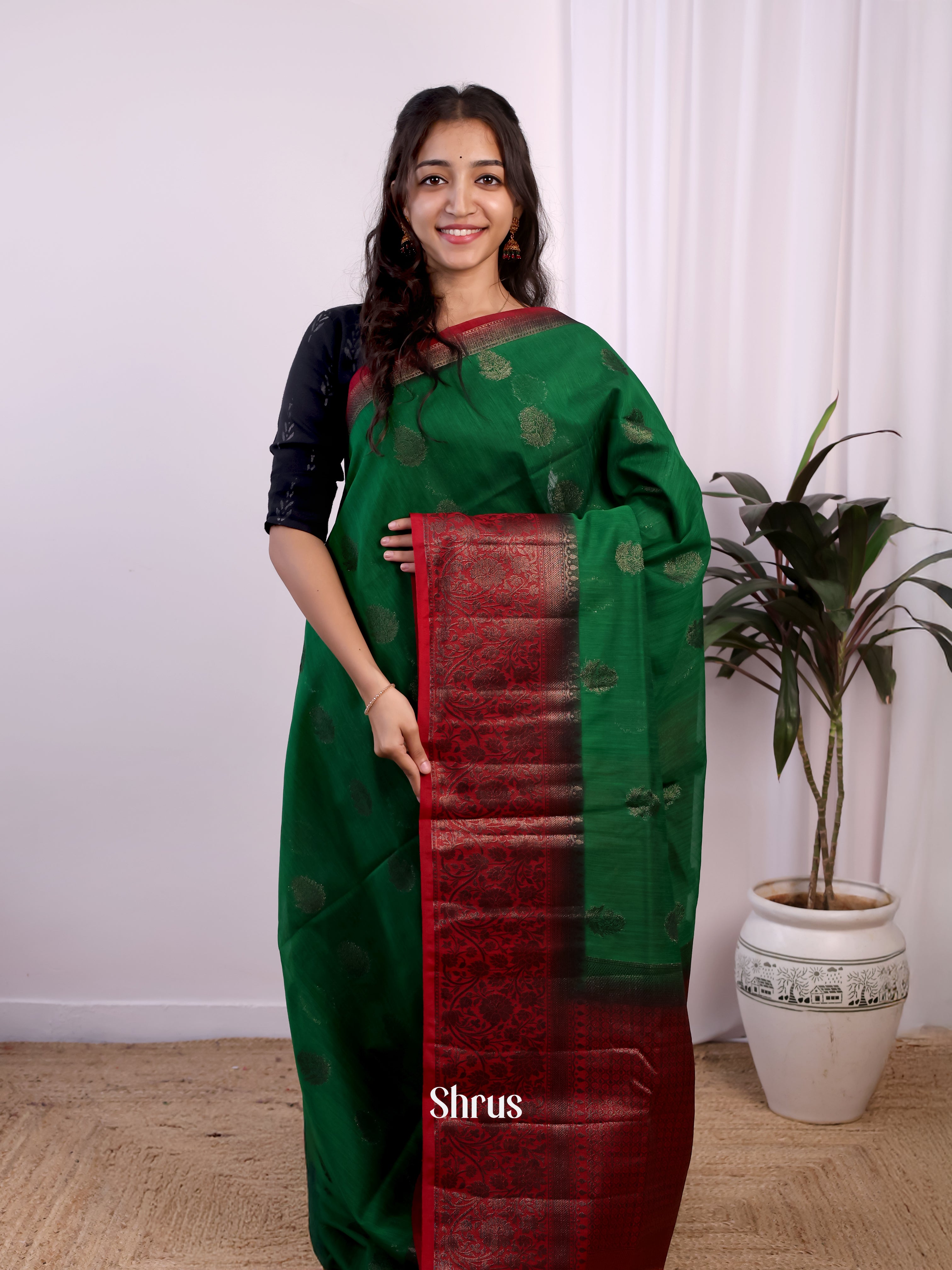 Green & Maroon - Semi Jute Saree - Shop on Shrus.com
