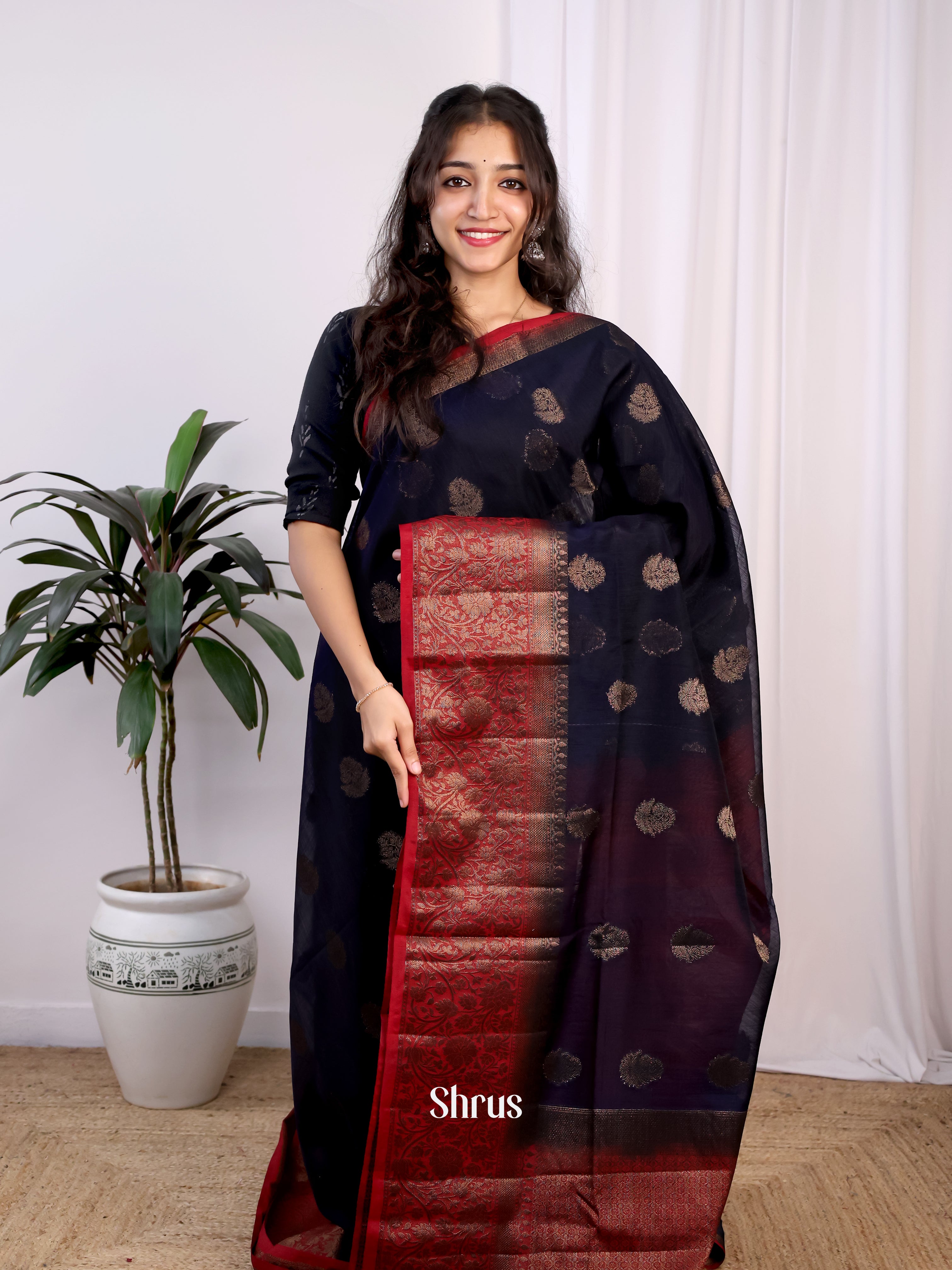 Blue & Maroon- Semi Jute Saree - Shop on Shrus.com