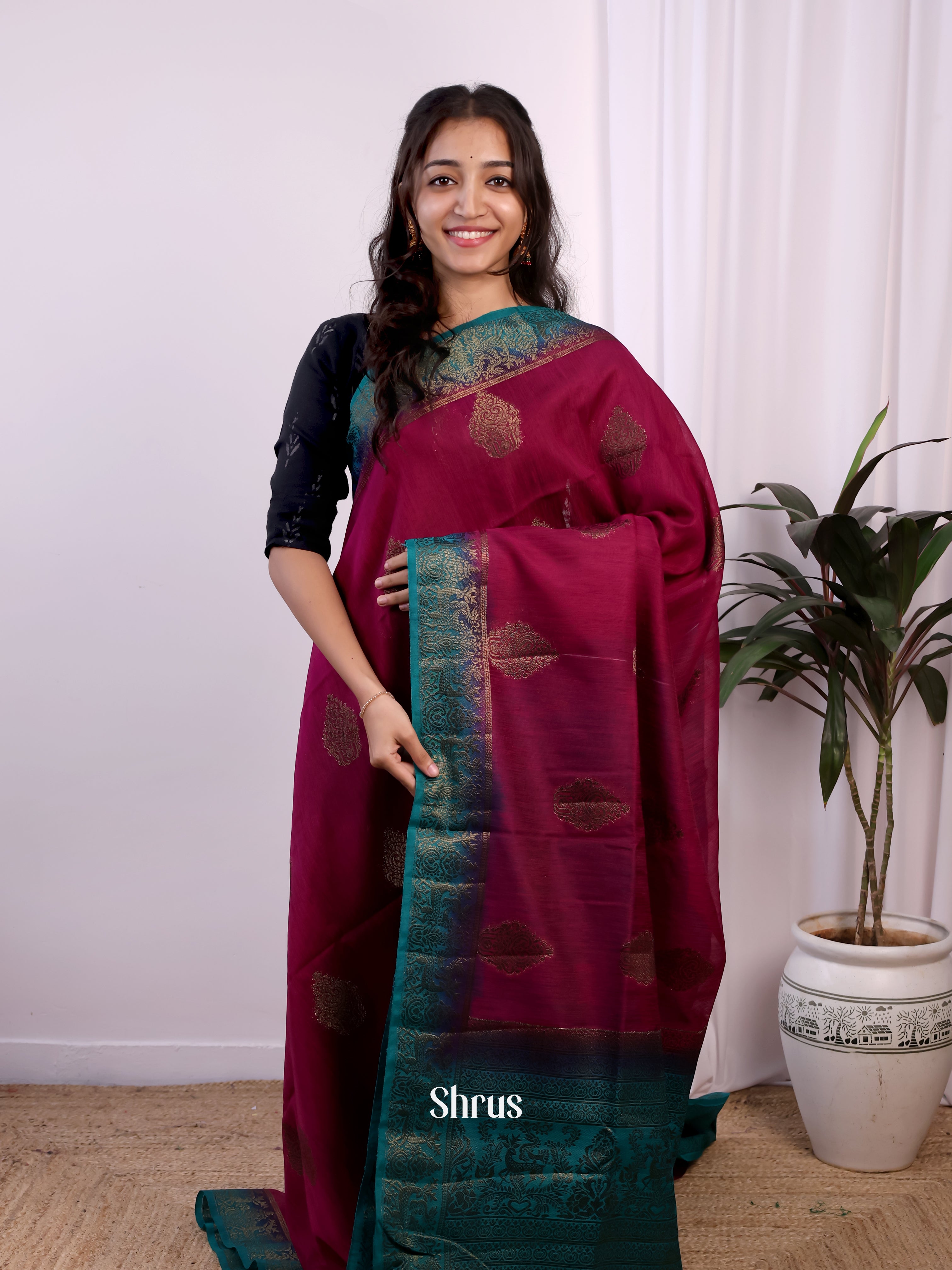 Wine & Blue- Semi Jute Saree - Shop on Shrus.com