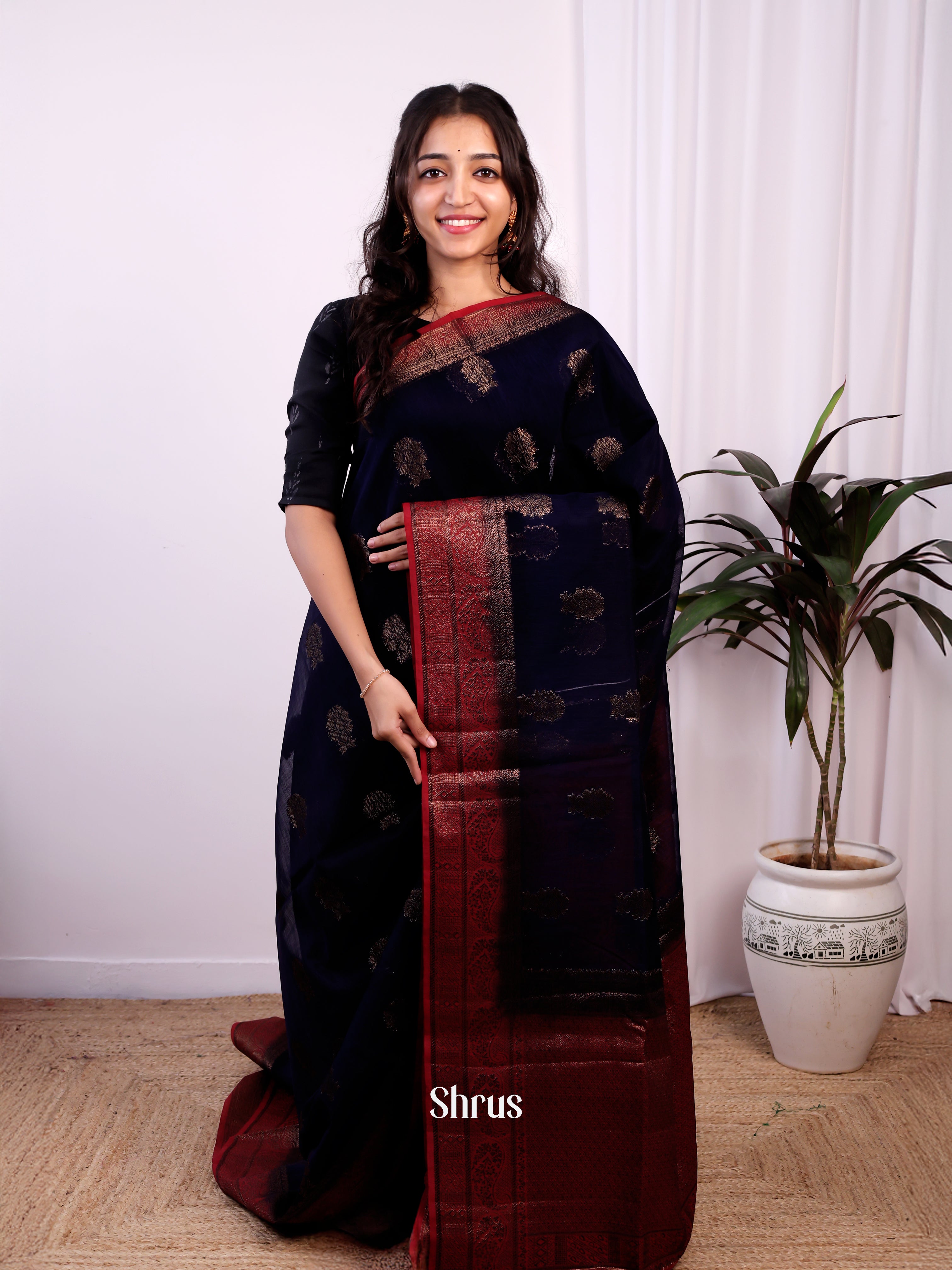 Blue & Maroon - Semi Jute Saree - Shop on Shrus.com
