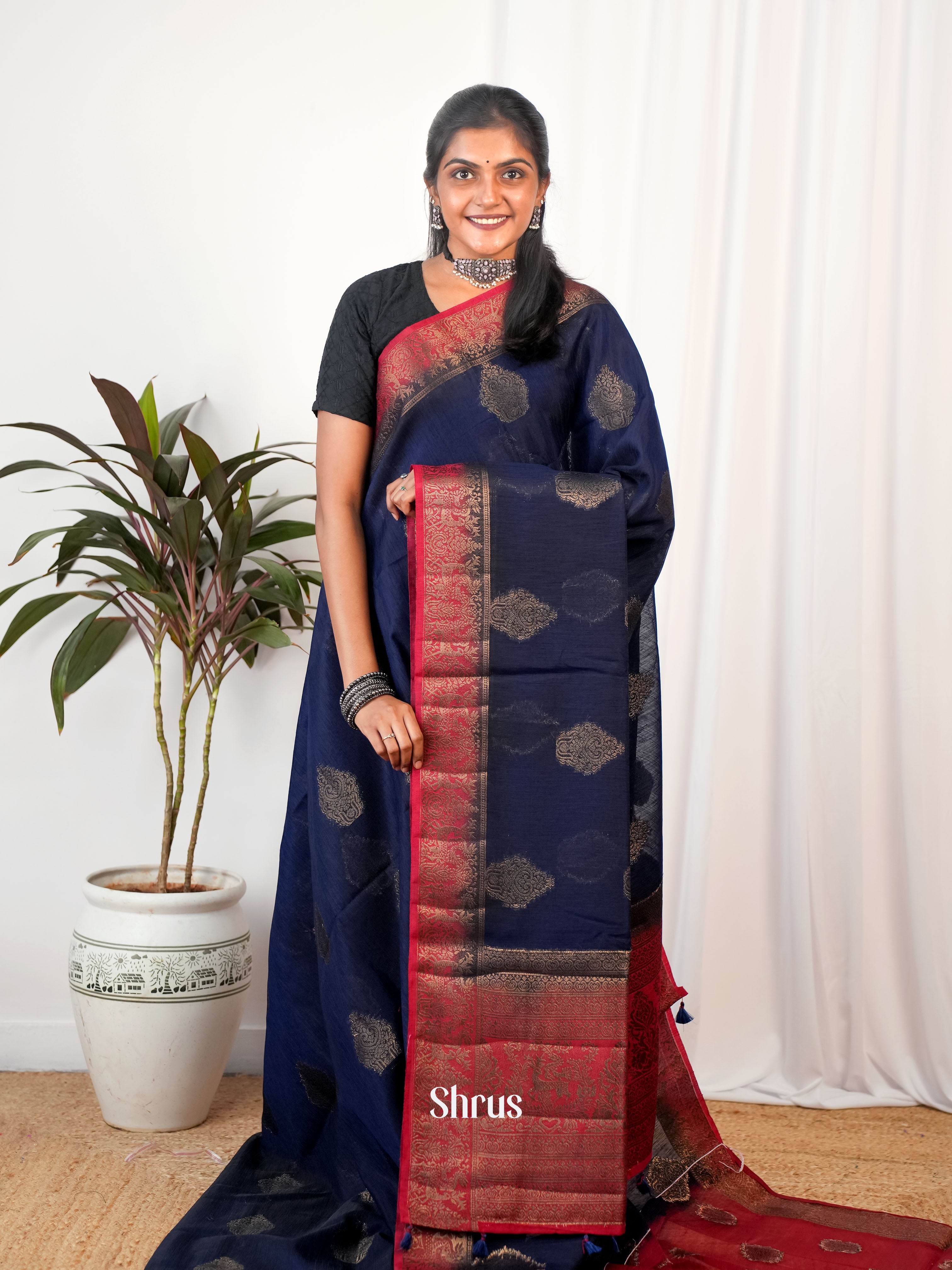 Blue & Maroon- Semi Jute Saree - Shop on Shrus.com