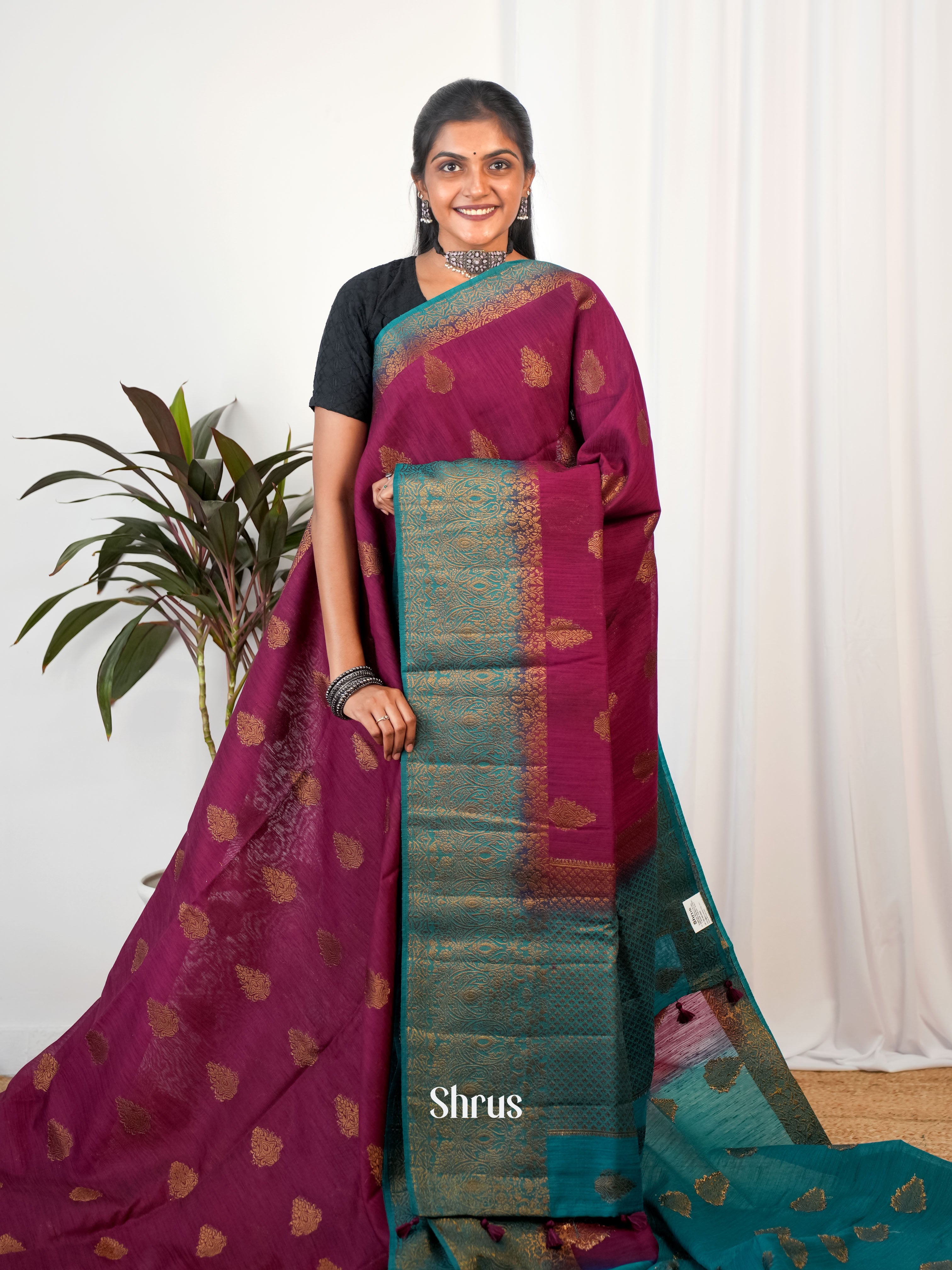 Purple & Blue - Semi Jute Saree - Shop on Shrus.com