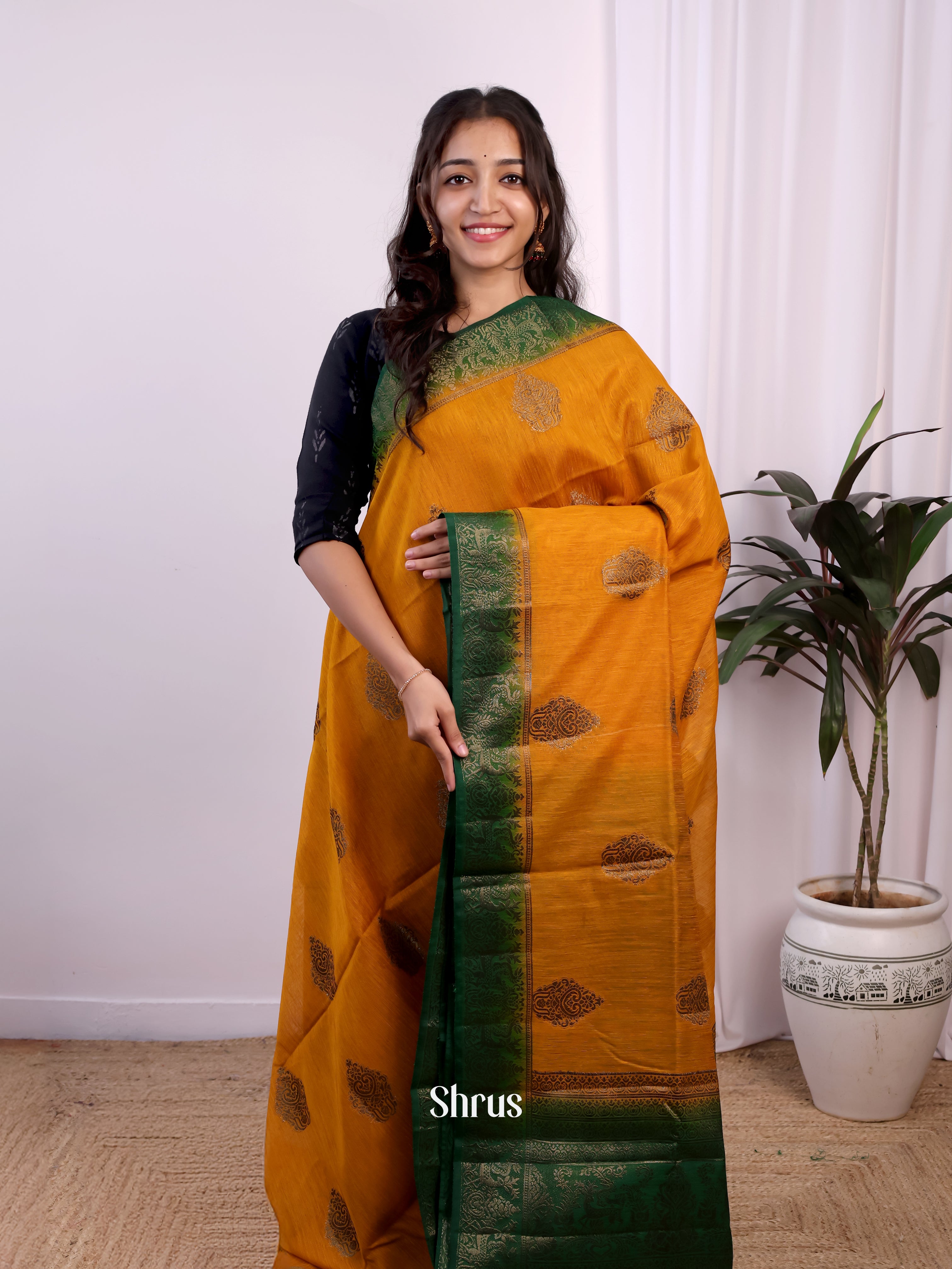 Mustard & Green - Semi Jute Saree - Shop on Shrus.com