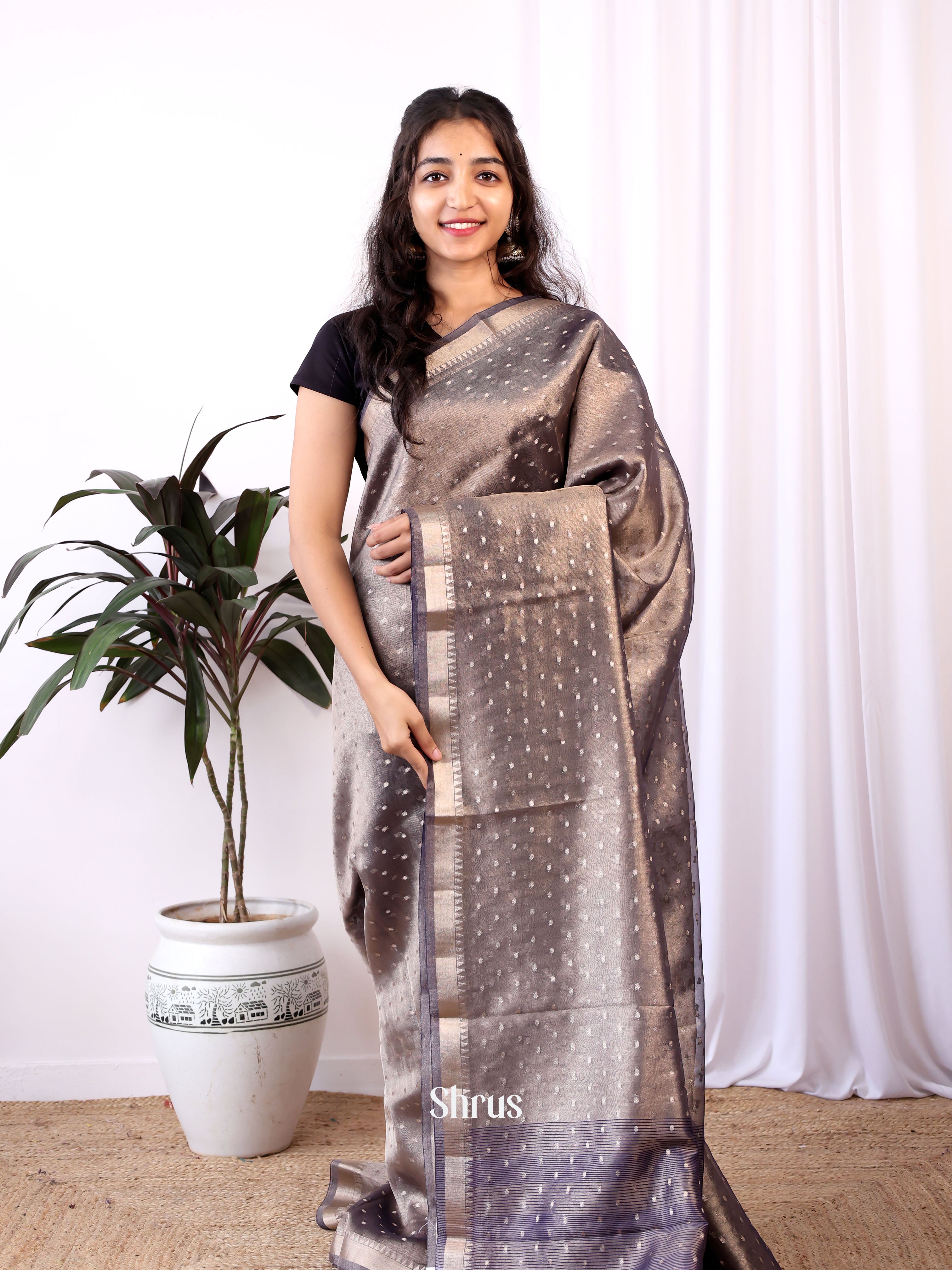 Grey - Semi Organza Saree - Shop on Shrus.com