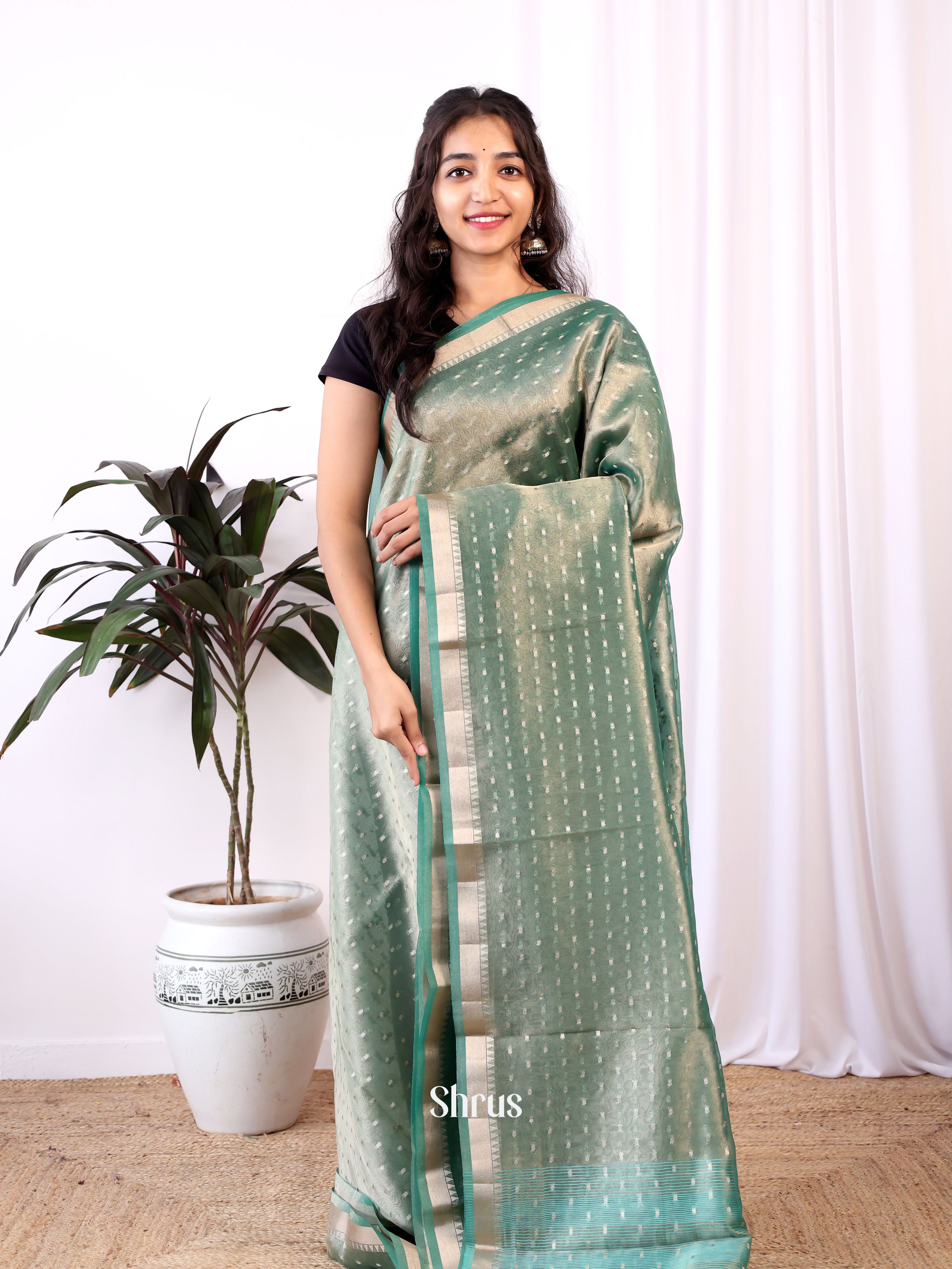 Green - Semi Organza Saree - Shop on Shrus.com