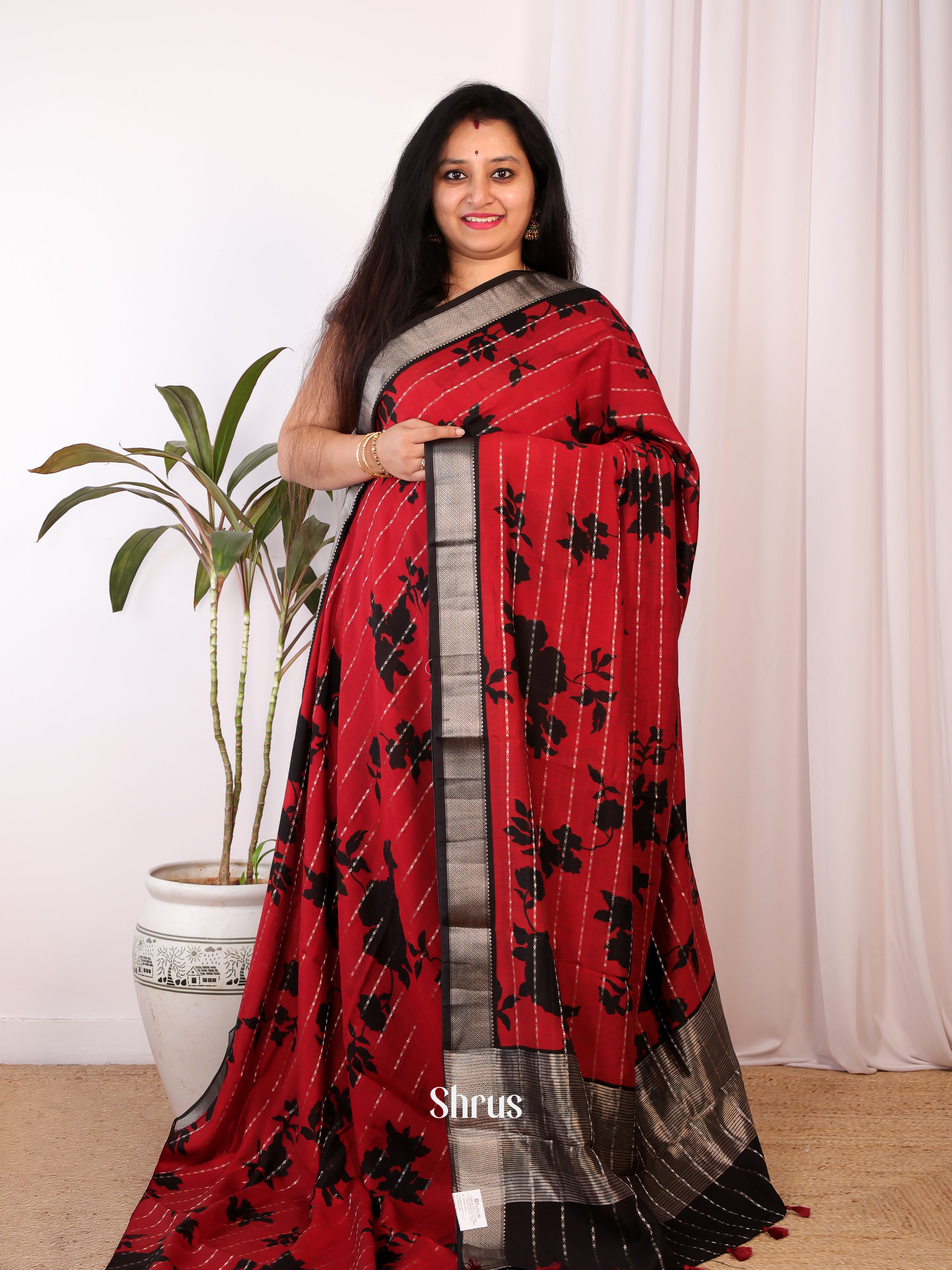 Red & Black - Semi Chanderi Saree - Shop on Shrus.com