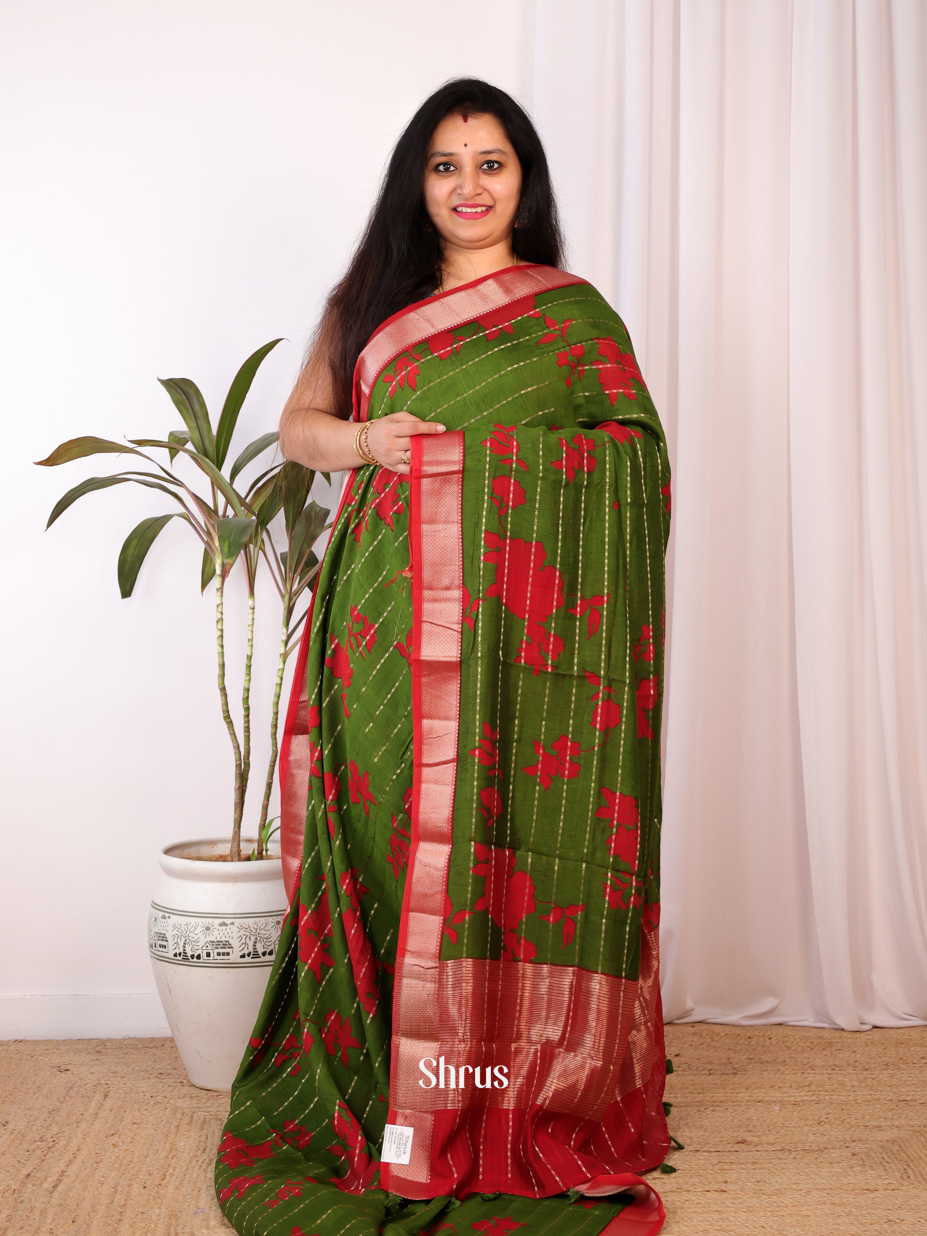 Green & Red - Semi Chanderi Saree - Shop on Shrus.com