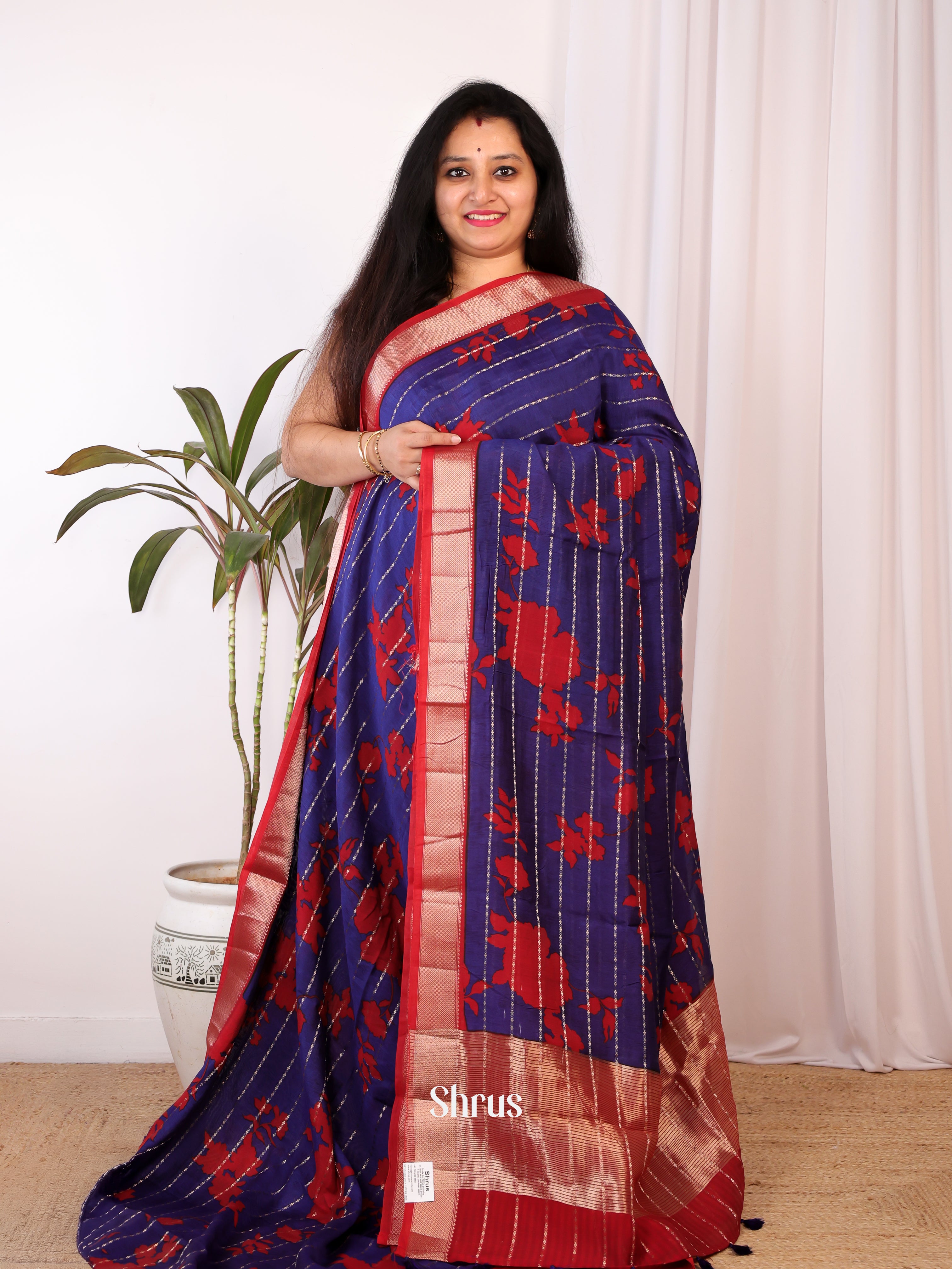 Violet & Red - Semi Chanderi Saree - Shop on Shrus.com