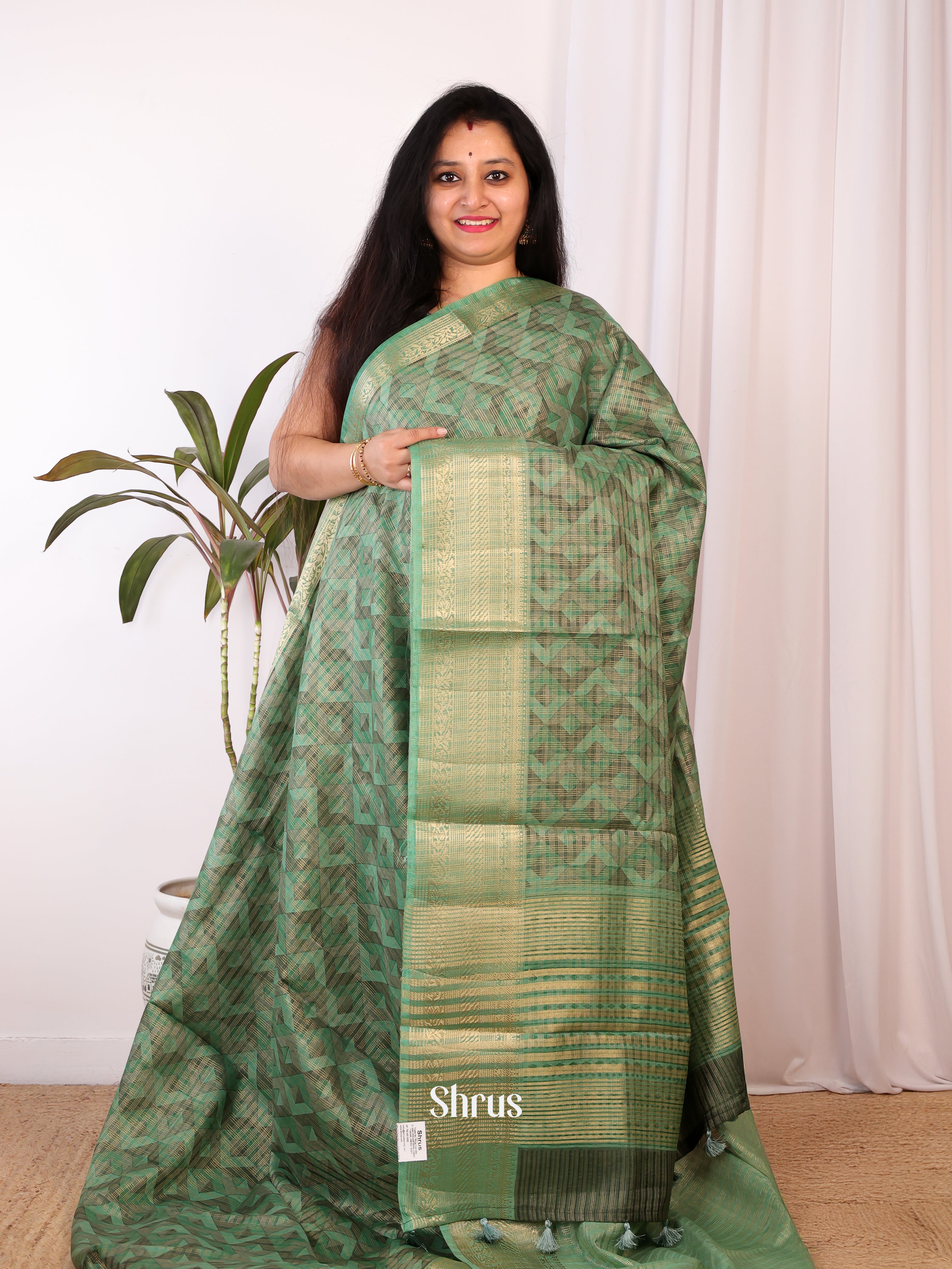 Green - Semi Chanderi Saree - Shop on Shrus.com