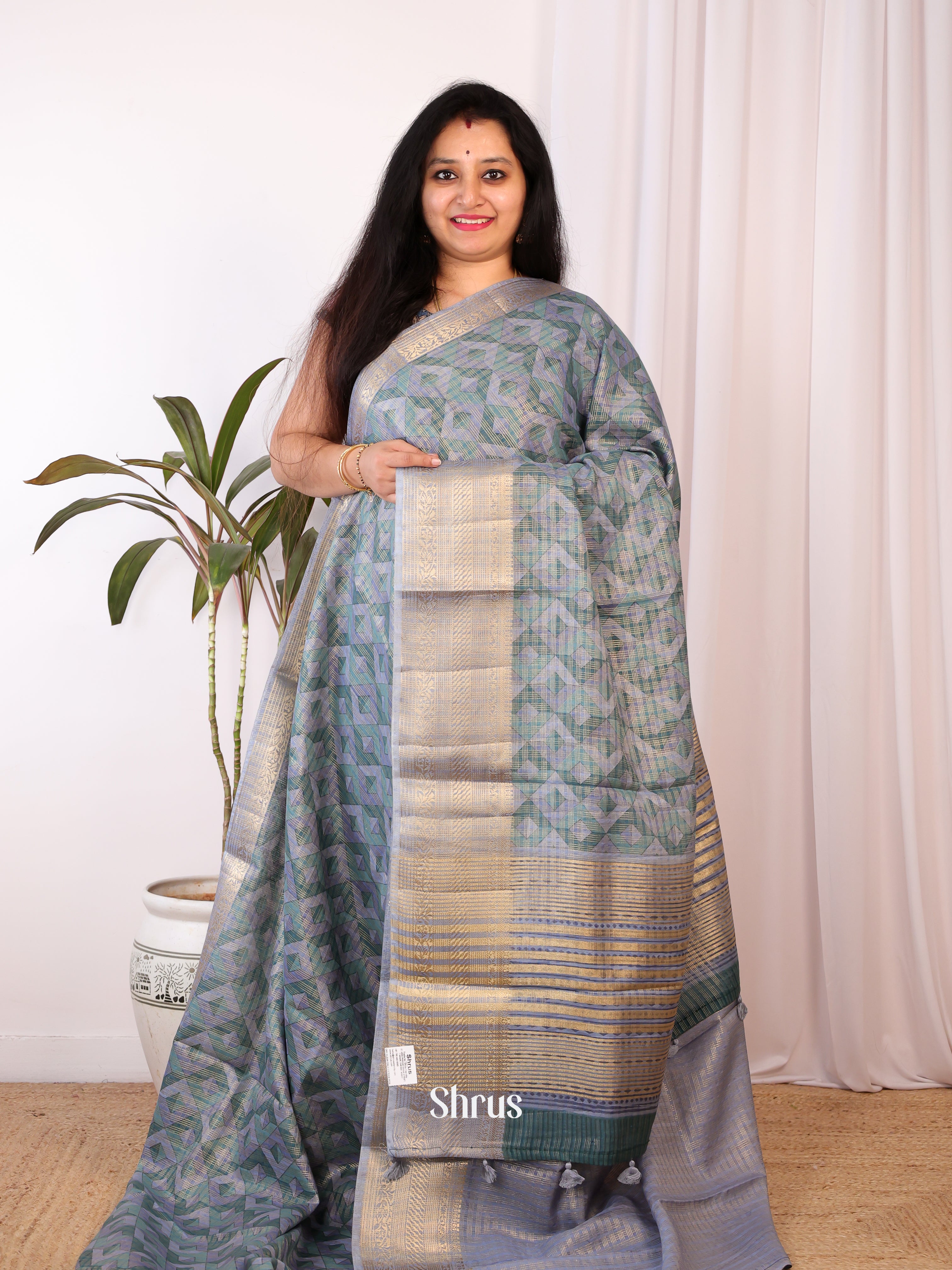 Lavender & Green - Semi Chanderi Saree - Shop on Shrus.com