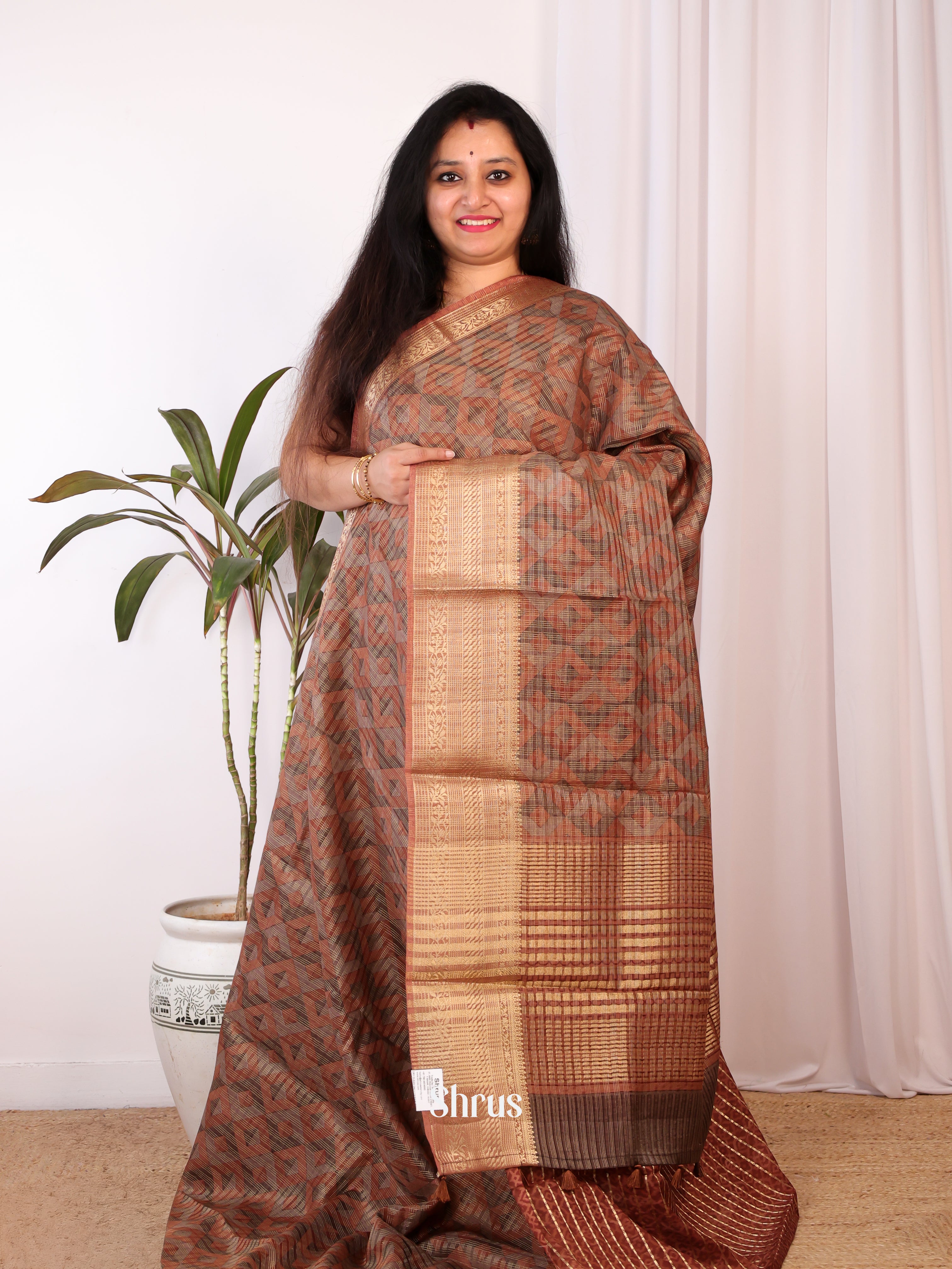 Brown - Semi Chanderi Saree - Shop on Shrus.com