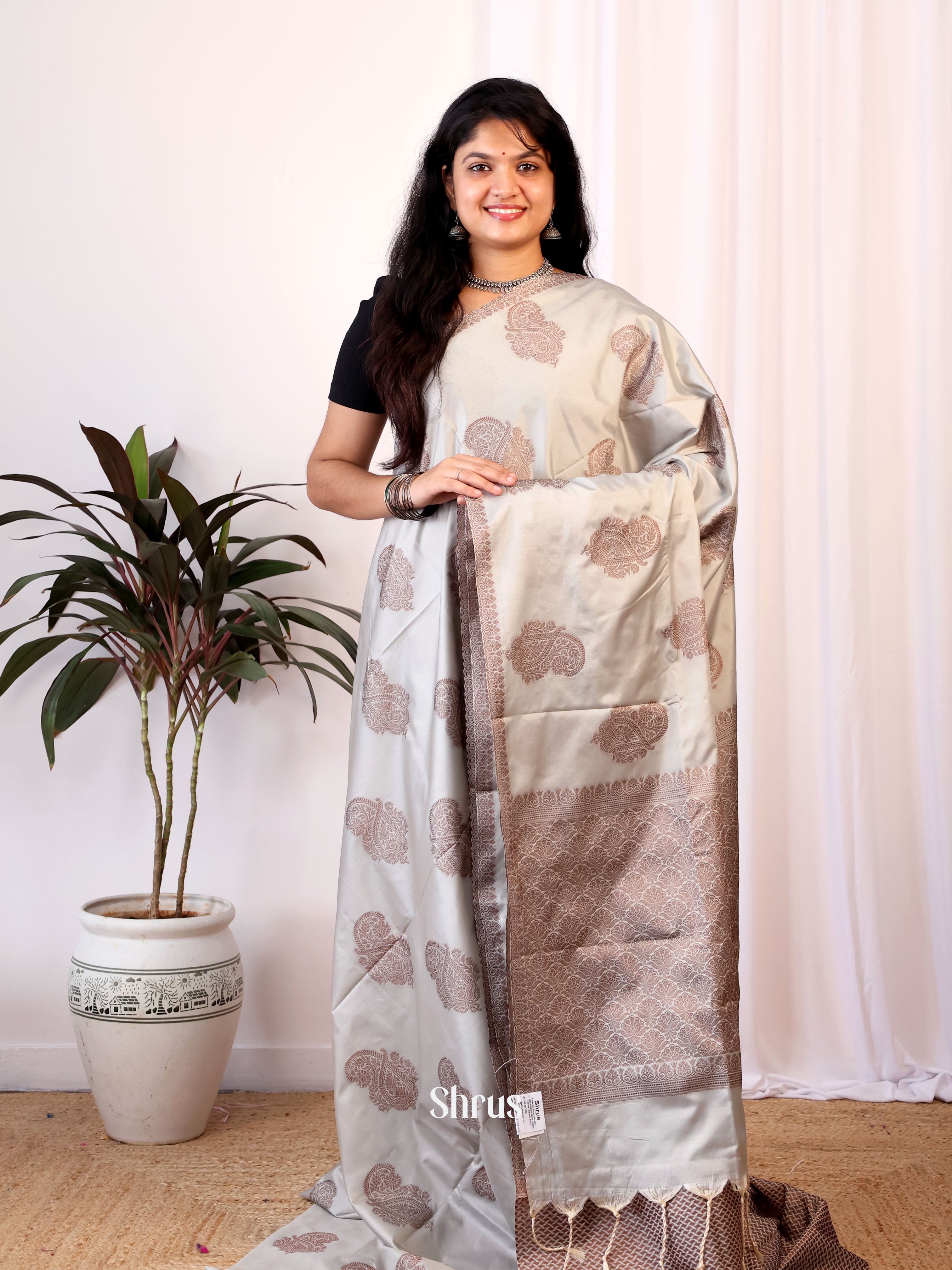 Grey - Semi Softsilk Saree - Shop on Shrus.com