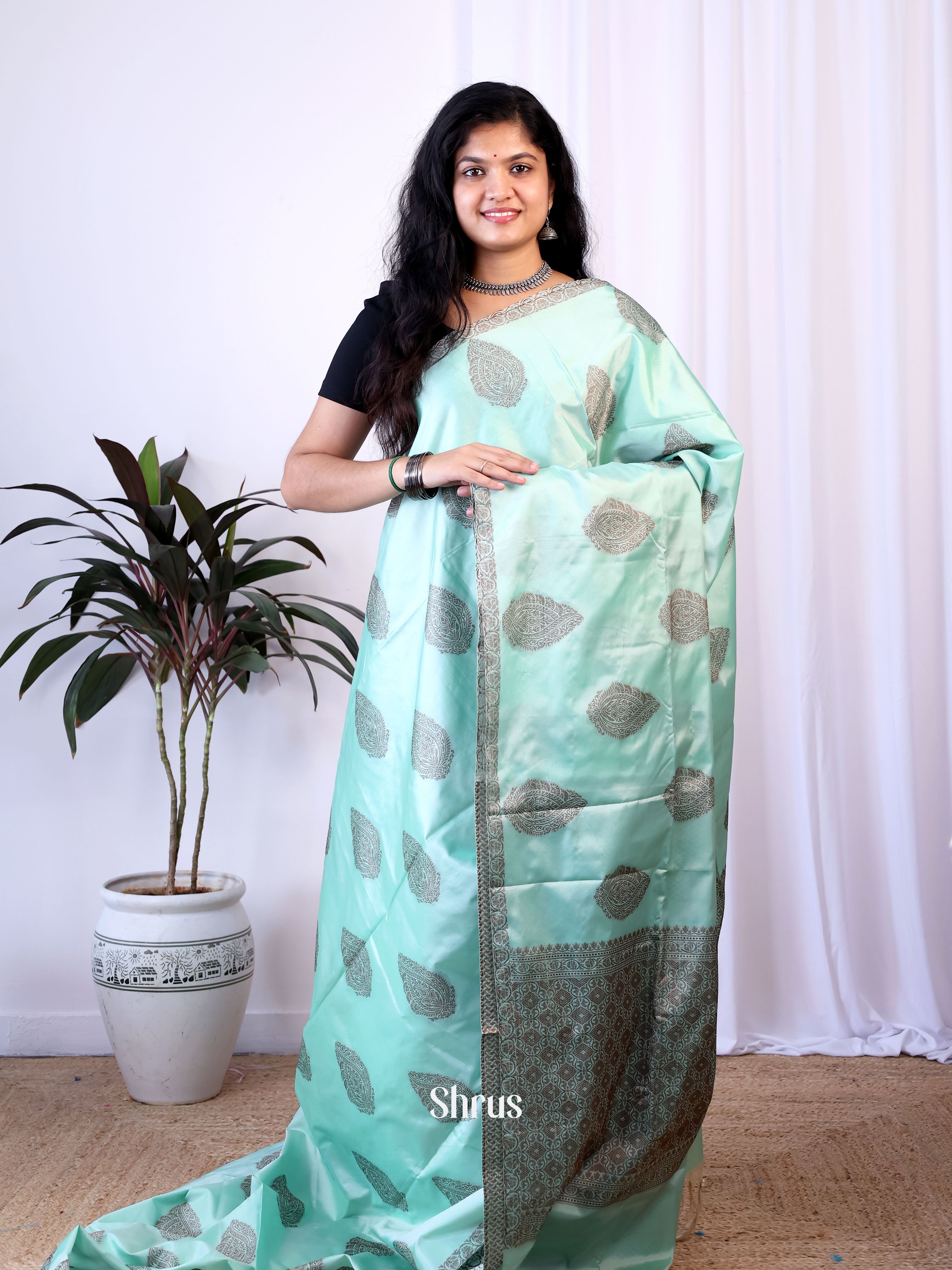 Teal - Semi Softsilk Saree - Shop on Shrus.com