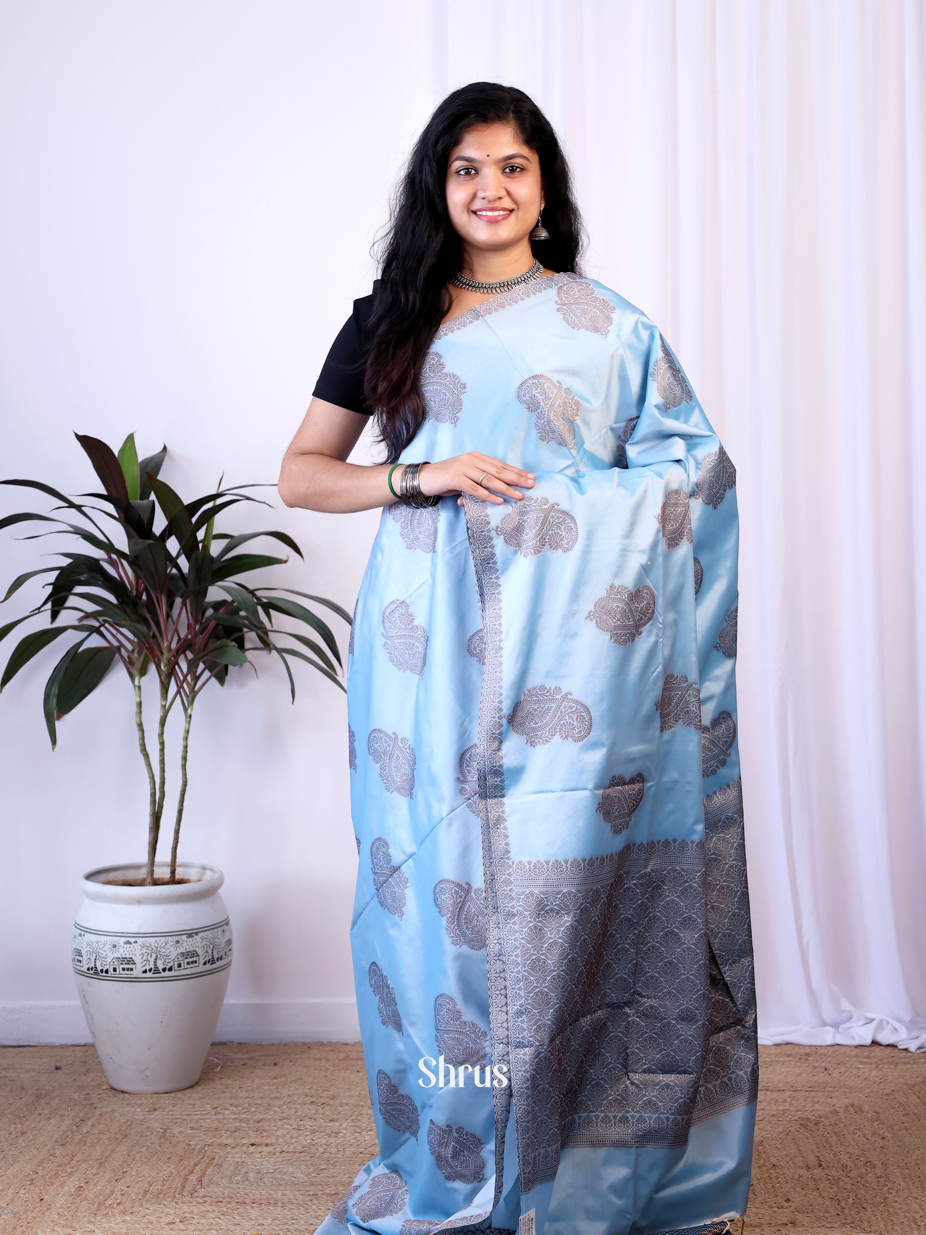Blue - Semi Softsilk Saree - Shop on Shrus.com