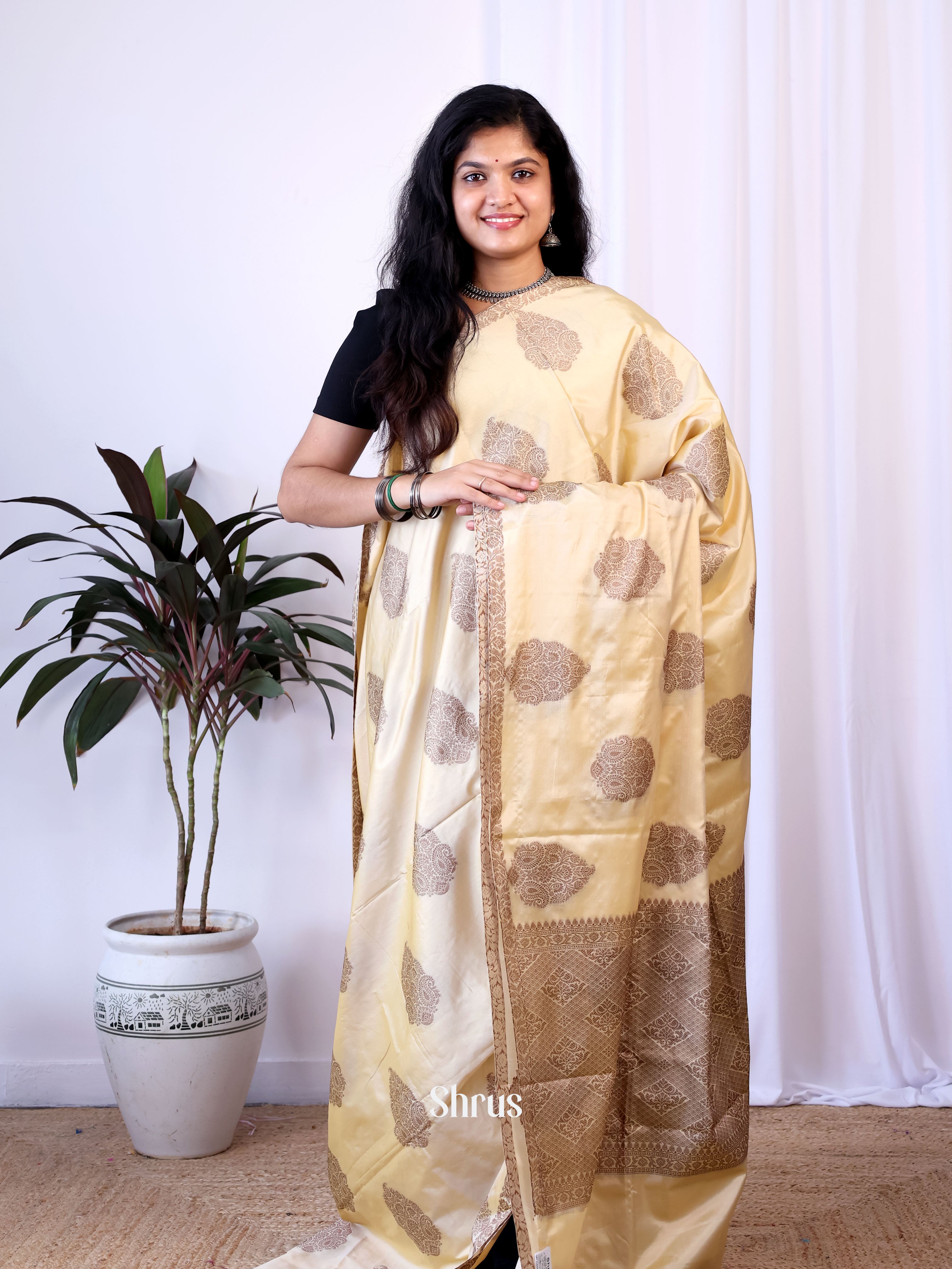 Cream - Semi Softsilk Saree - Shop on Shrus.com