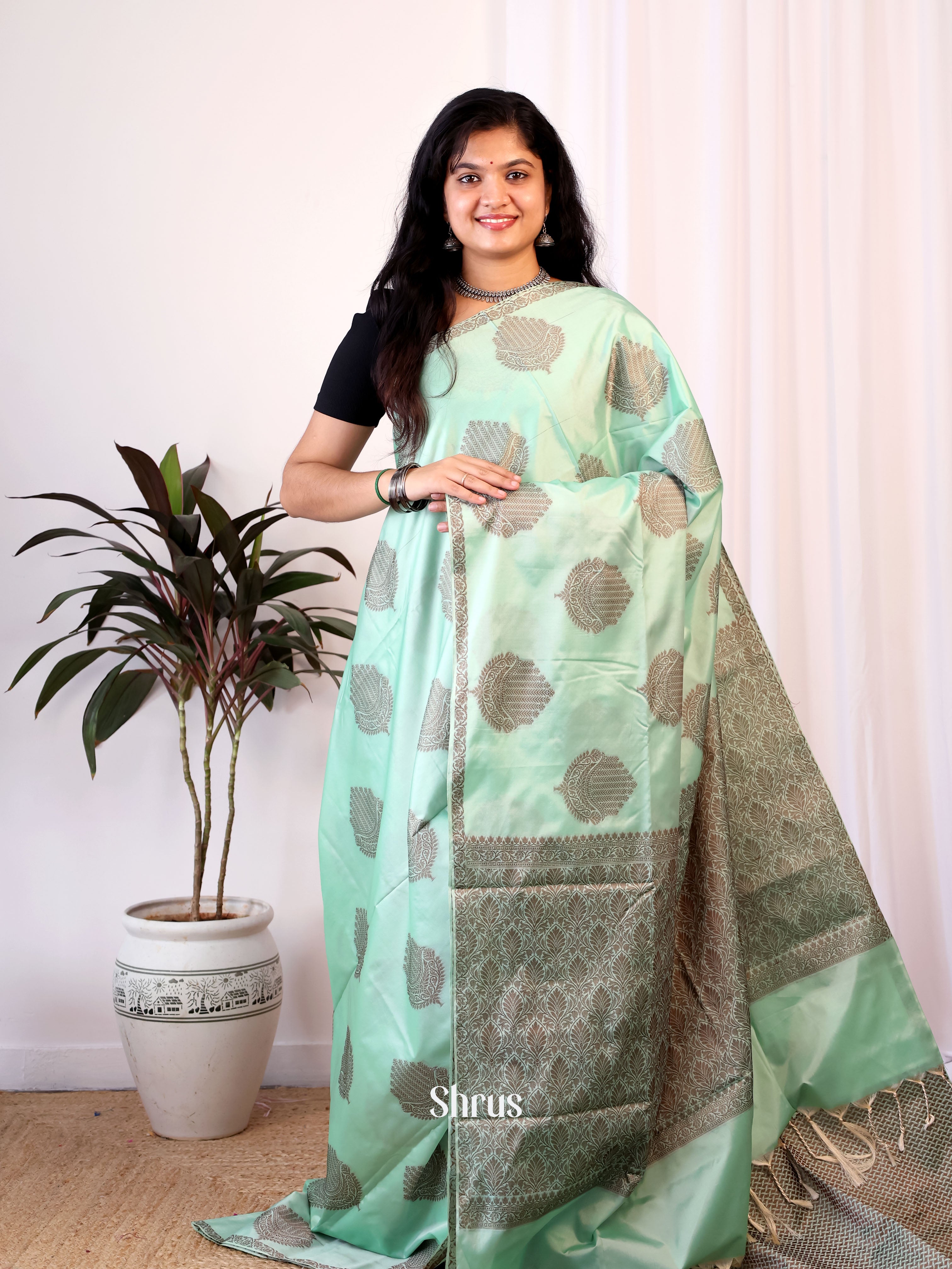 Pastel Green - Semi Softsilk Saree - Shop on Shrus.com