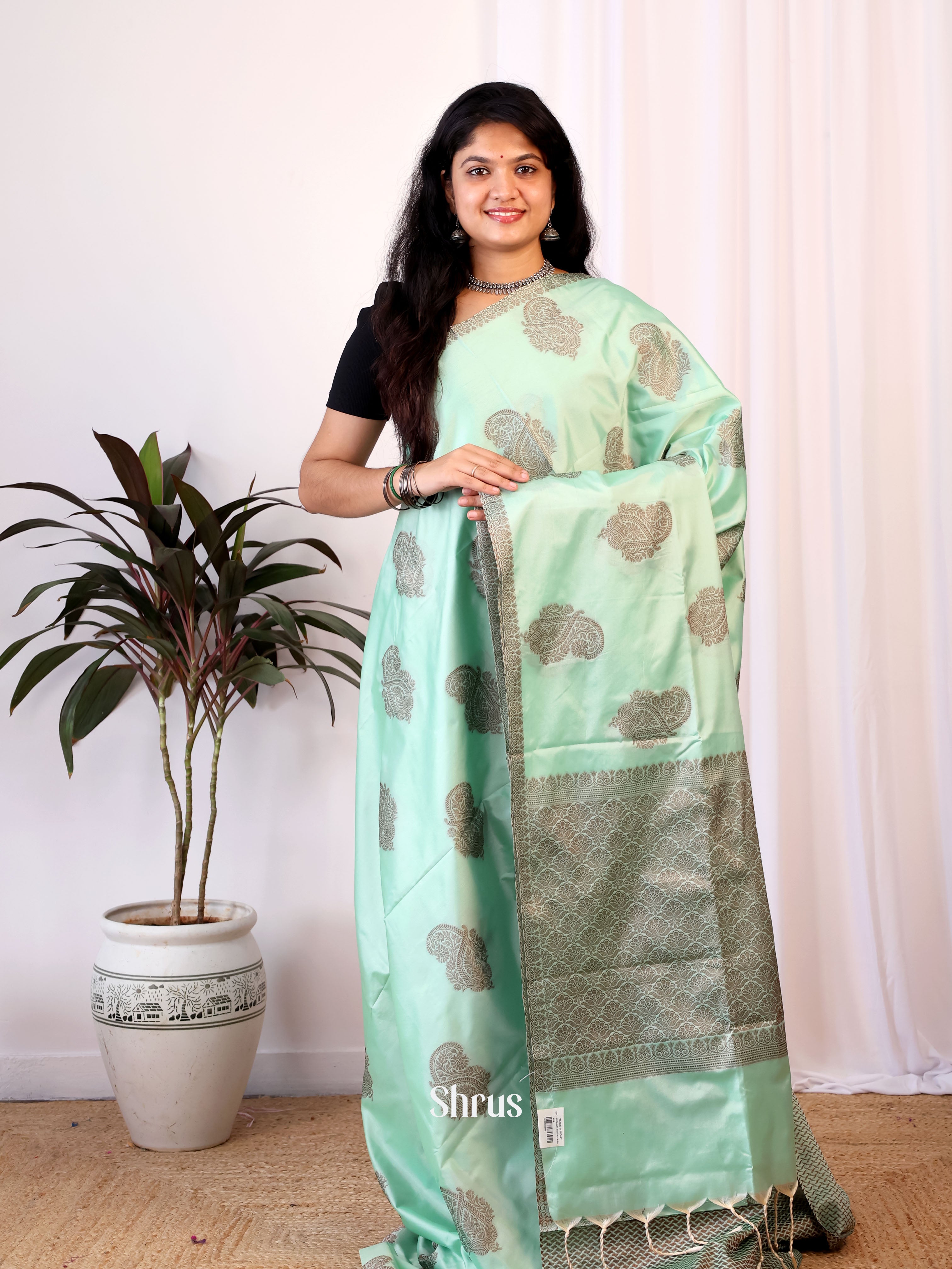 Green - Semi Softsilk Saree - Shop on Shrus.com