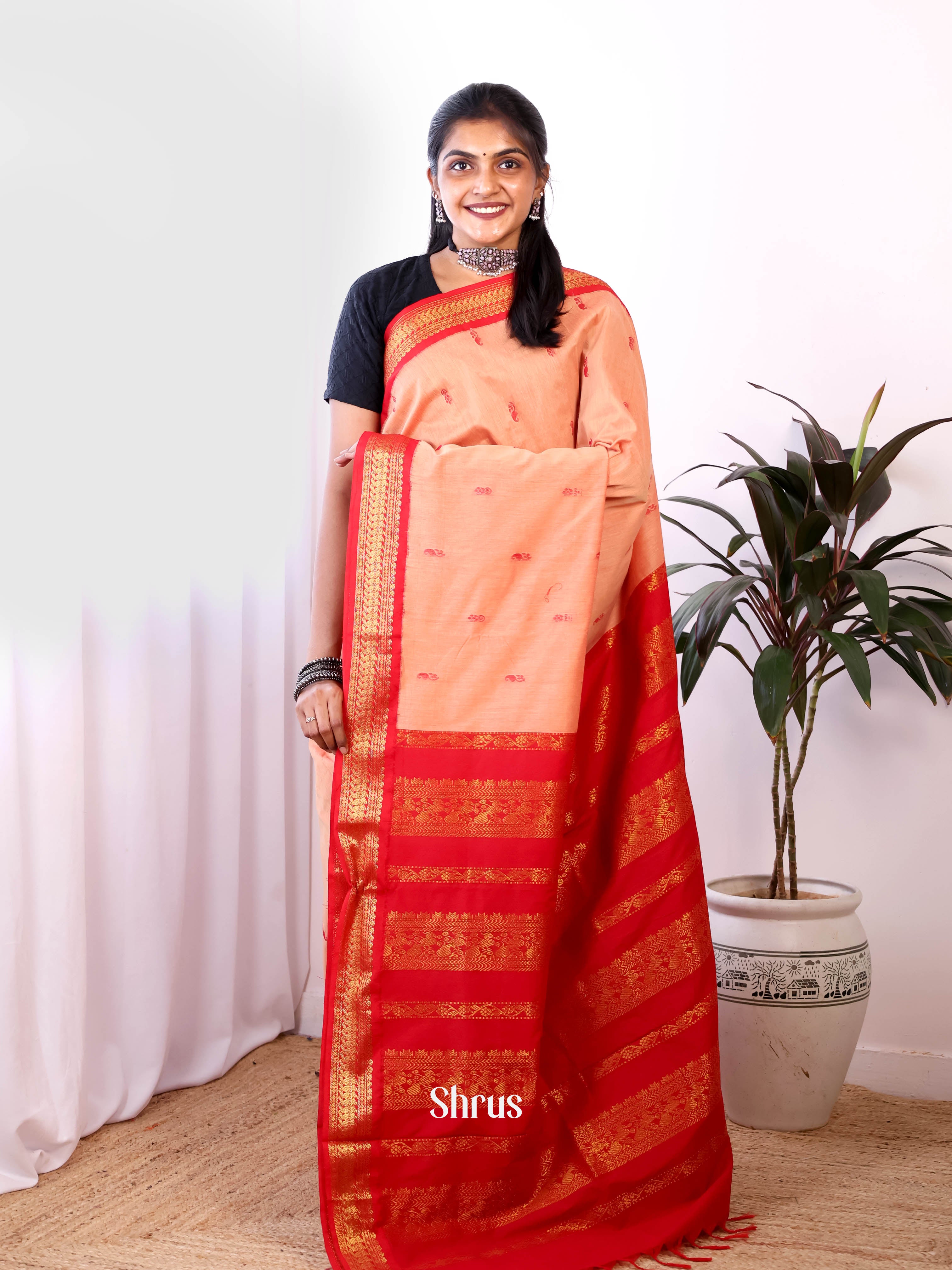 Peach & Red- Kalyani Cotton Saree - Shop on Shrus.com