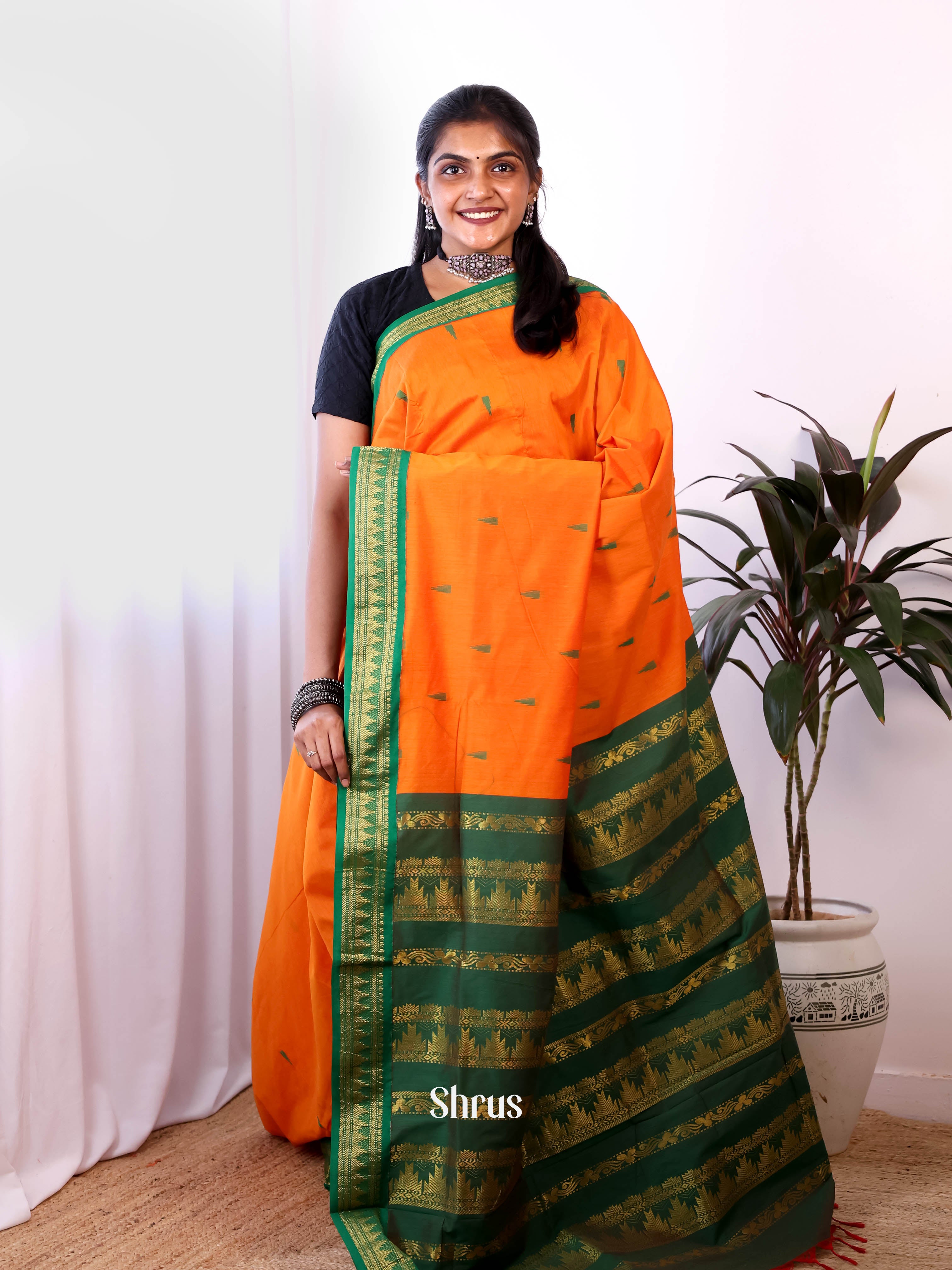 Orange & Green - Kalyani Cotton Saree - Shop on Shrus.com