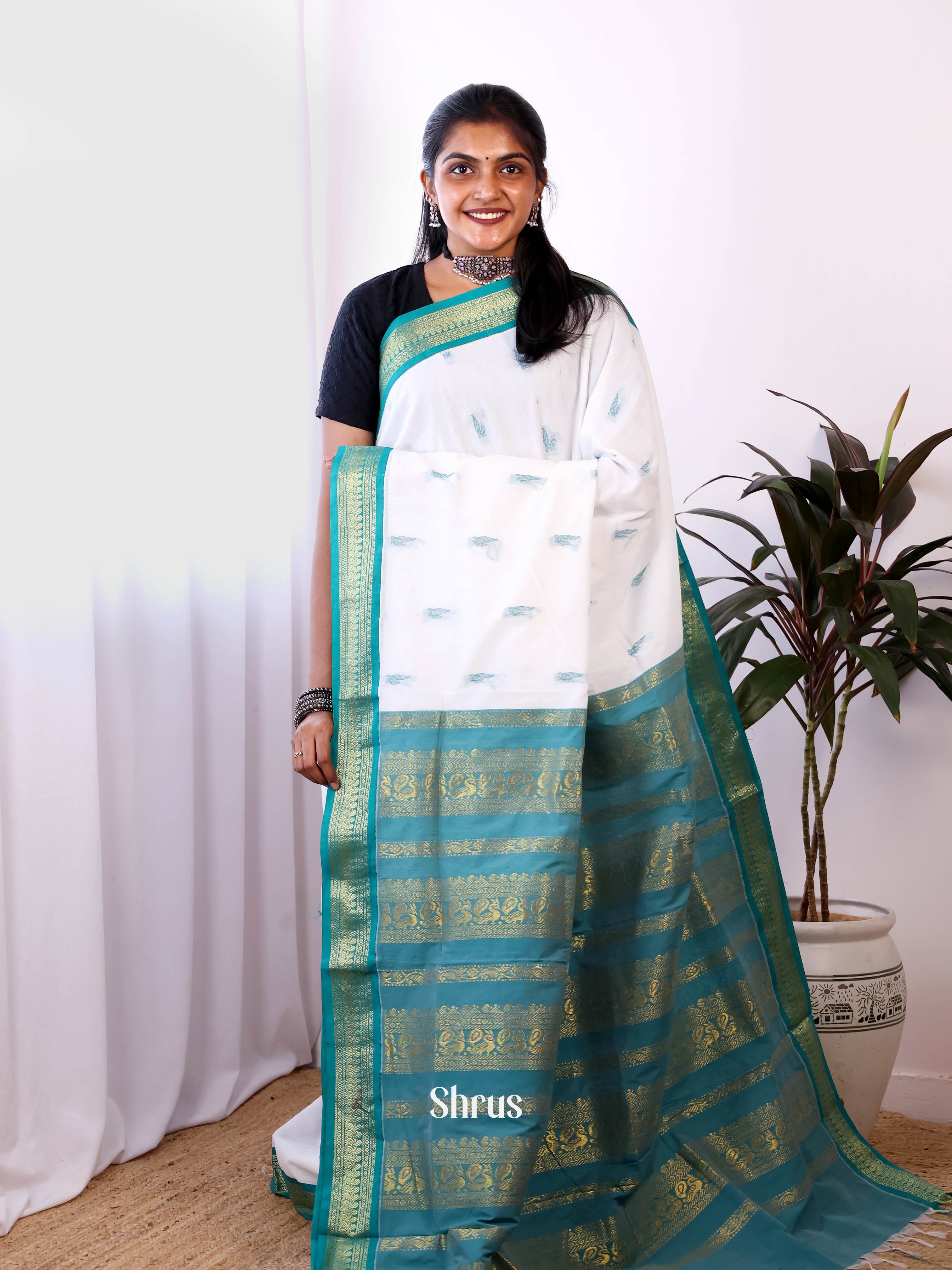 Cream & Teal - Kalyani Cotton Saree - Shop on Shrus.com