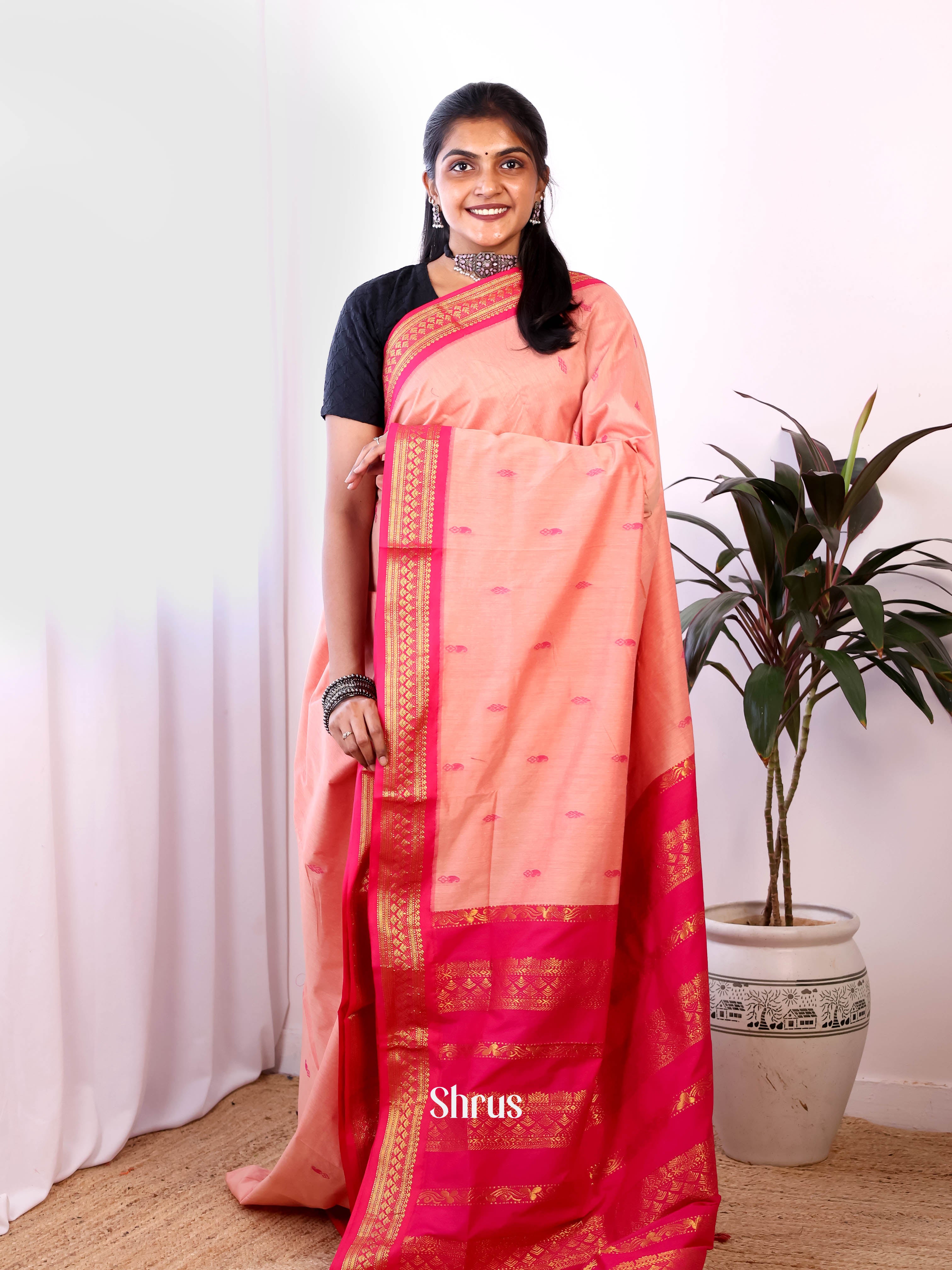 Peachish Pink & Pink - Kalyani Cotton Saree - Shop on Shrus.com