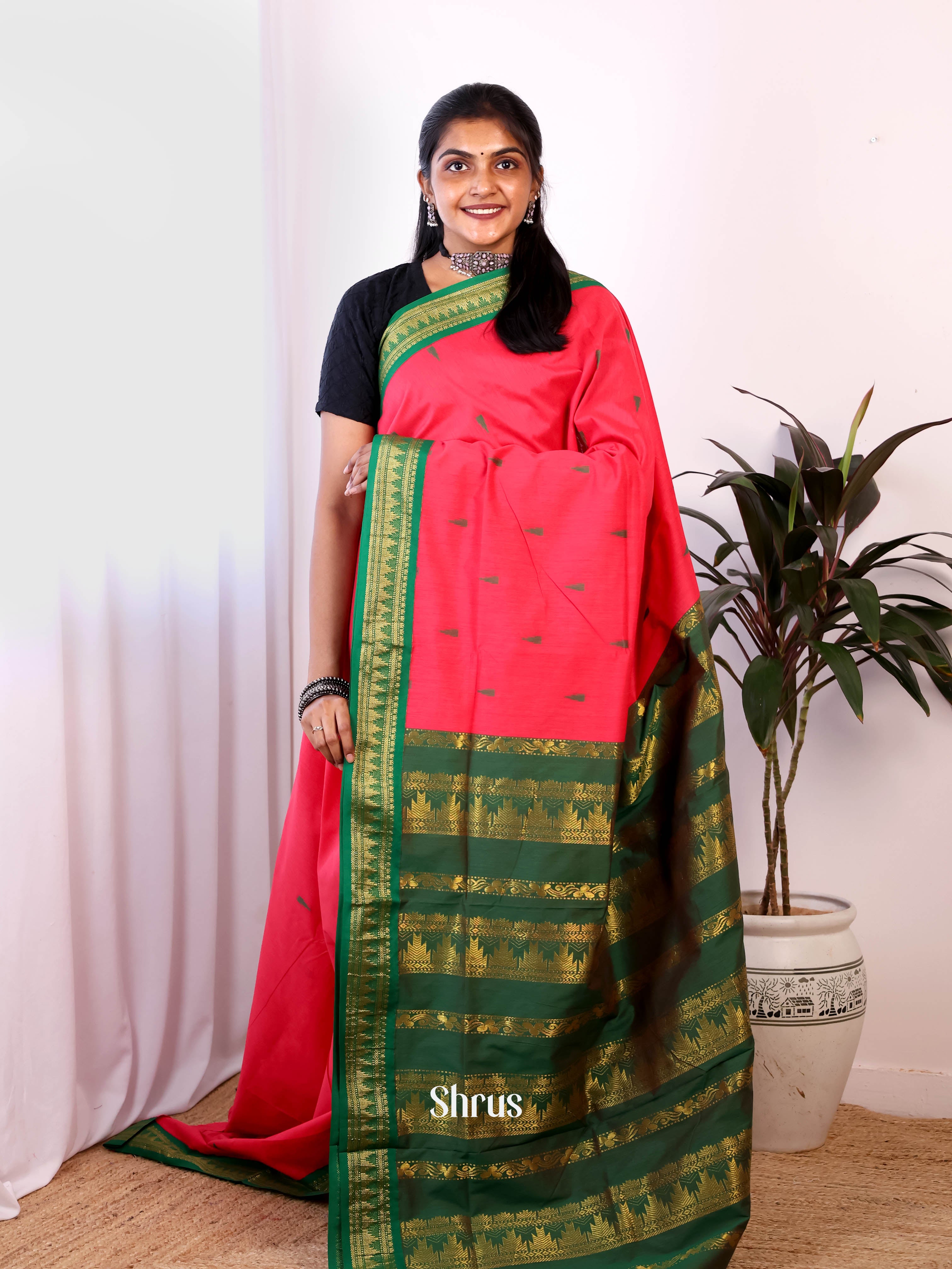 Pink & Green - Kalyani Cotton Saree - Shop on Shrus.com