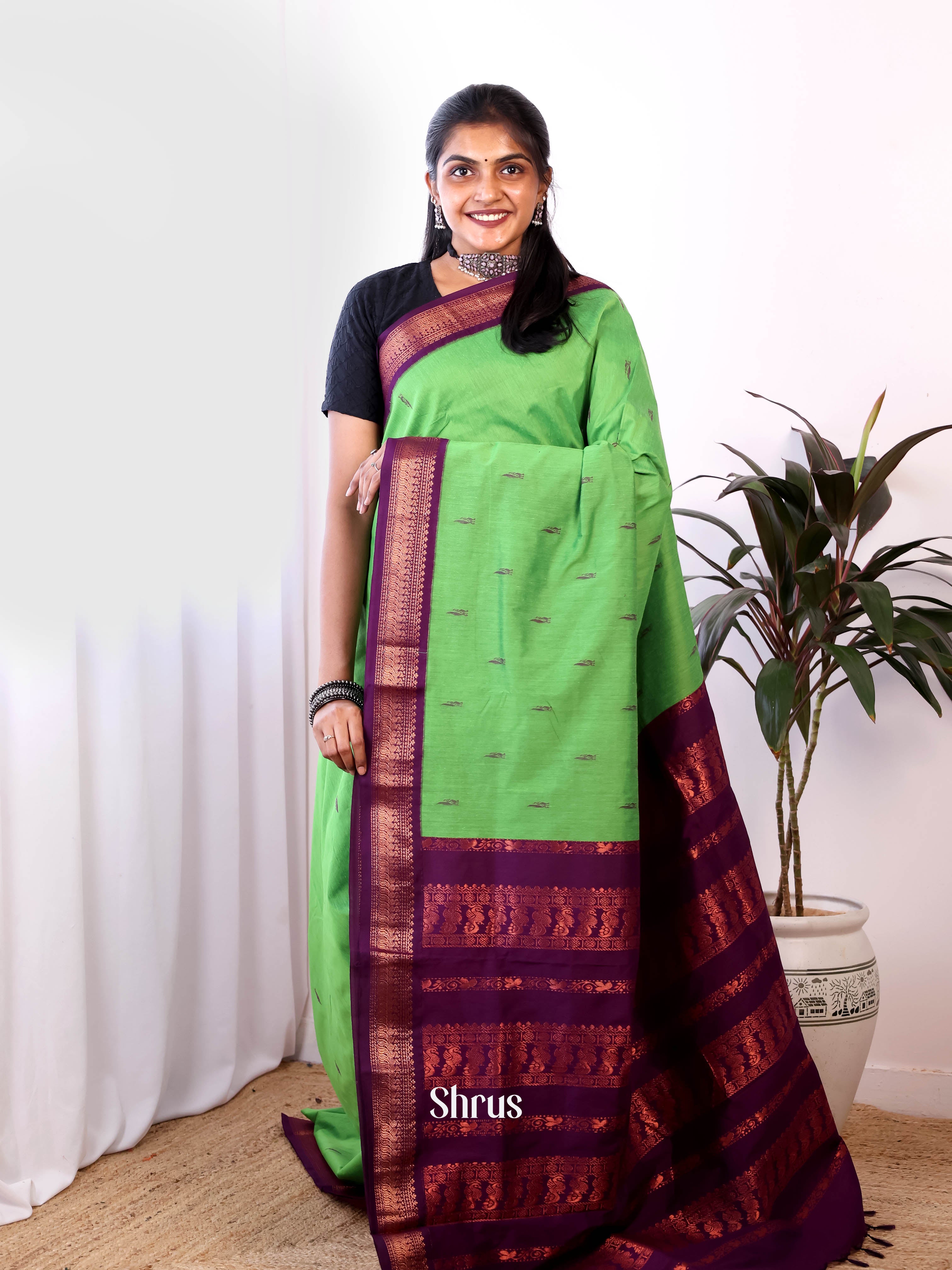 Green & Purple- Kalyani Cotton Saree - Shop on Shrus.com