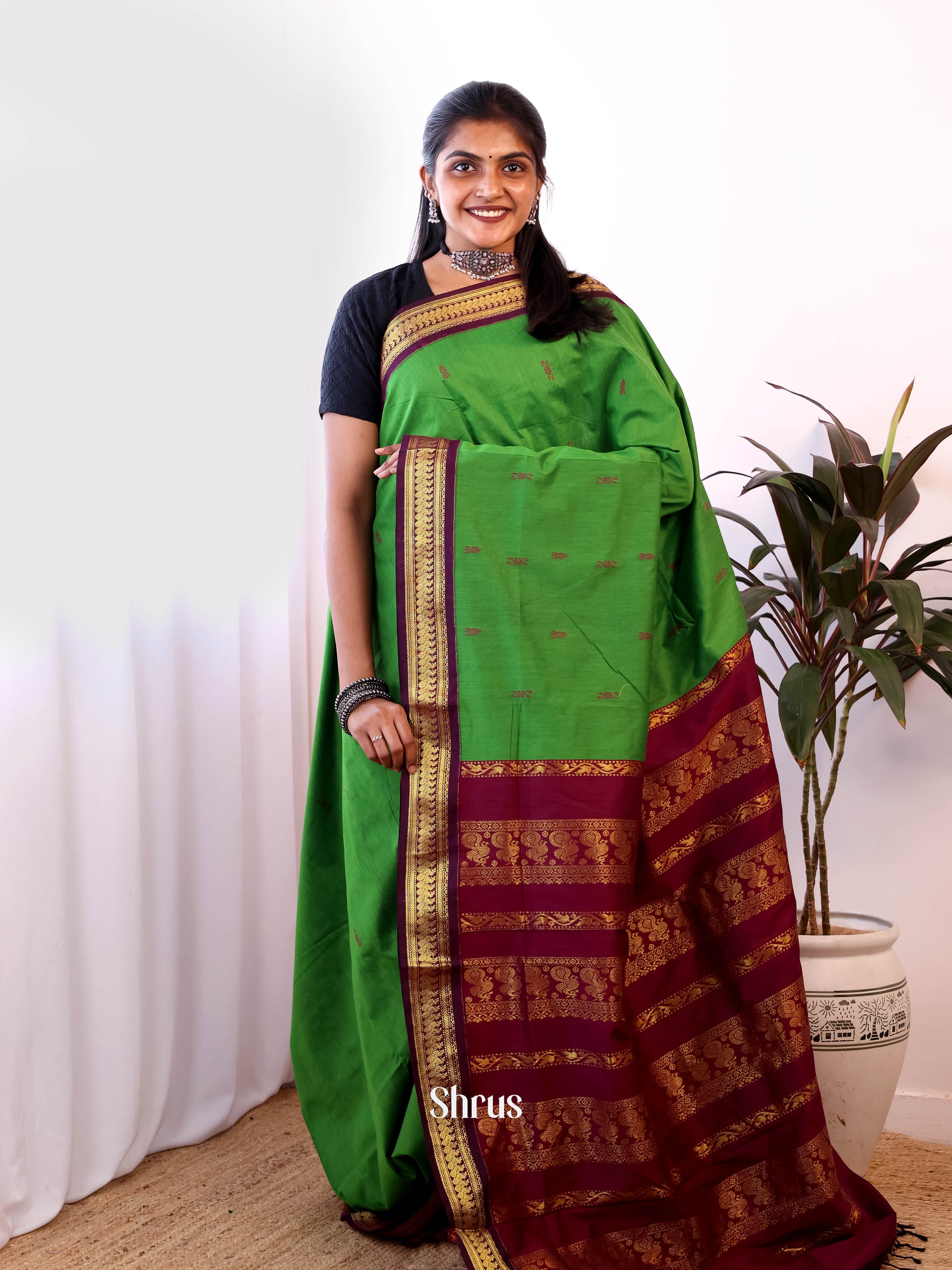 Green & Maroon- Kalyani Cotton Saree - Shop on Shrus.com