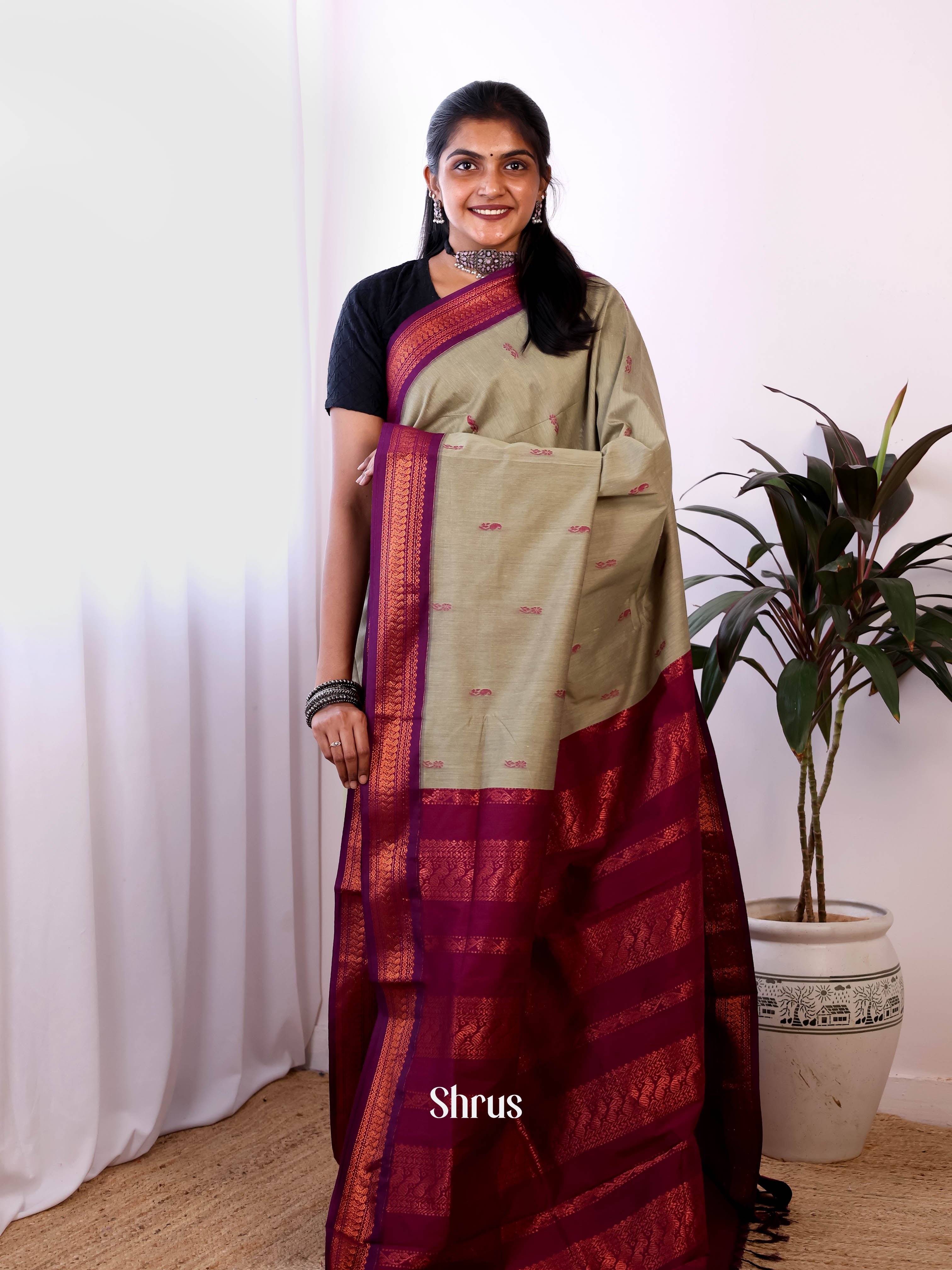 Grey & Maroon- Kalyani Cotton Saree - Shop on Shrus.com