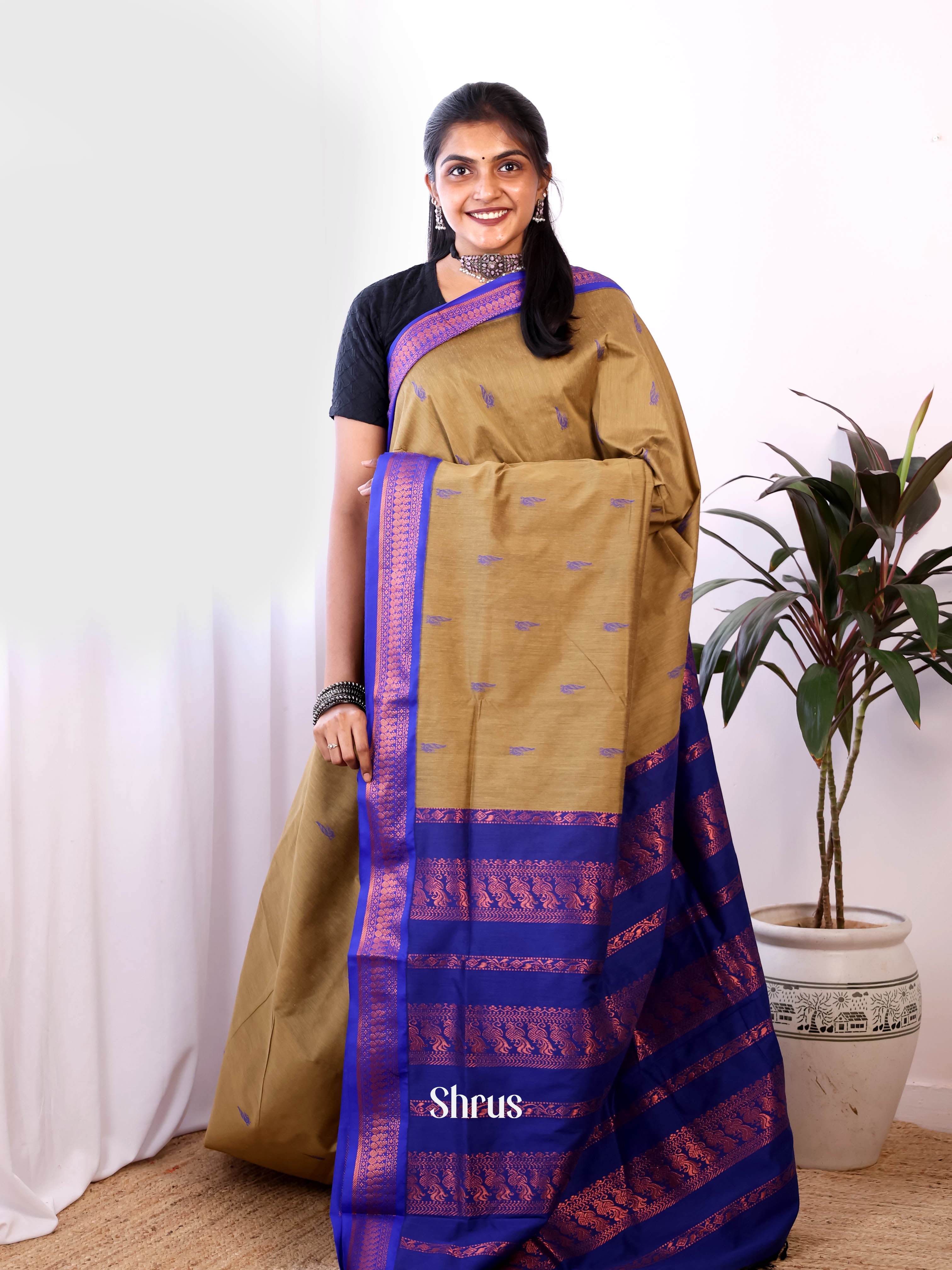 Beige & Blue - Kalyani Cotton Saree - Shop on Shrus.com