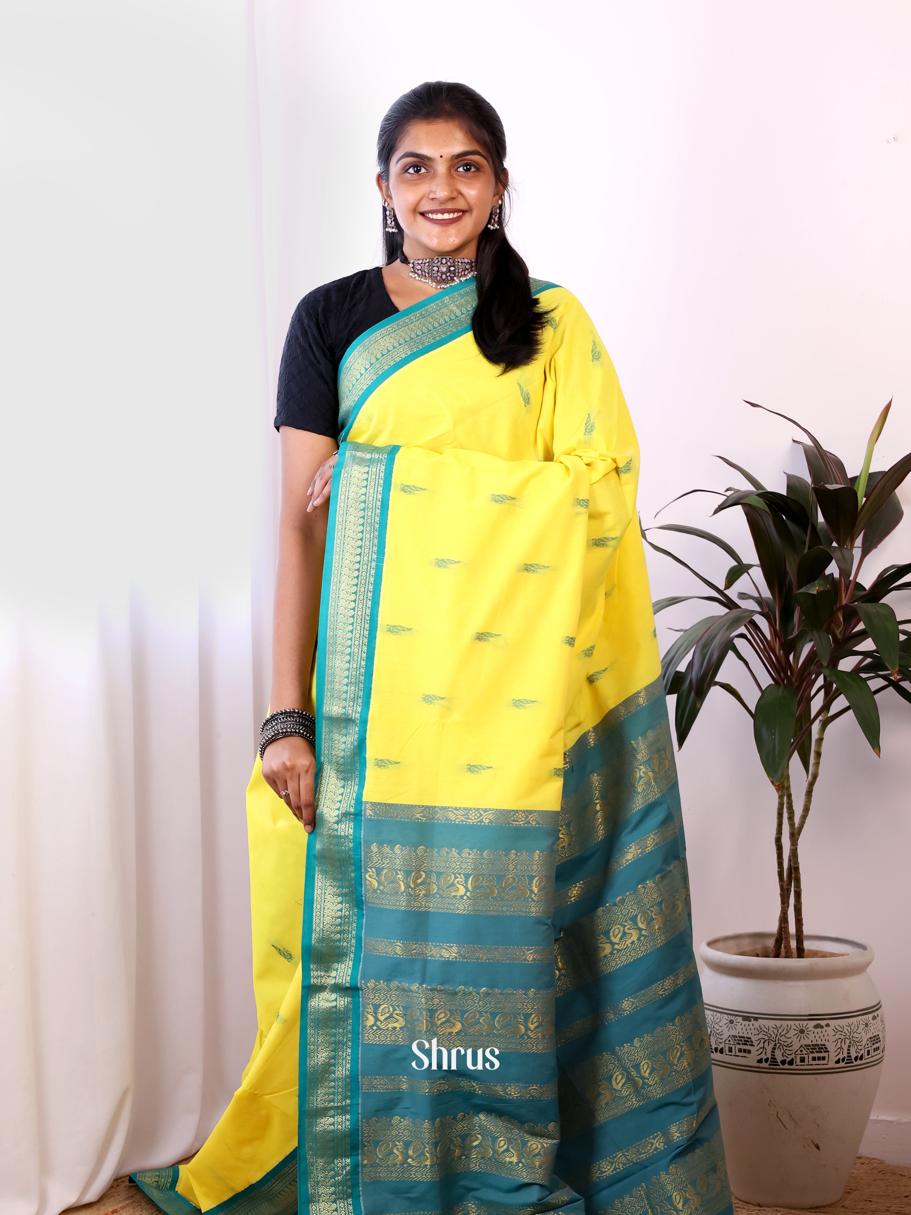 Yellow & Teal - Kalyani Cotton Saree - Shop on Shrus.com
