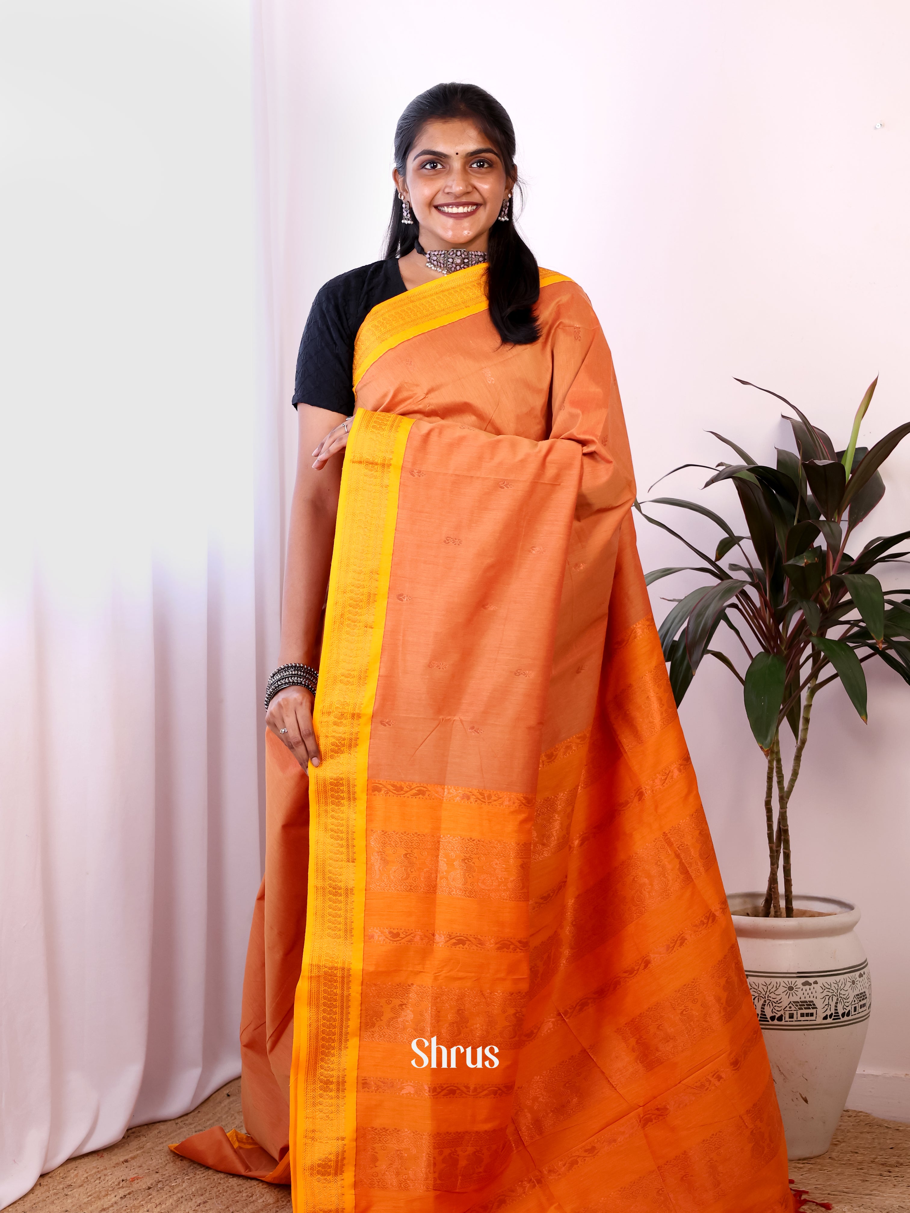 Orange & Yellow - Kalyani Cotton Saree - Shop on Shrus.com