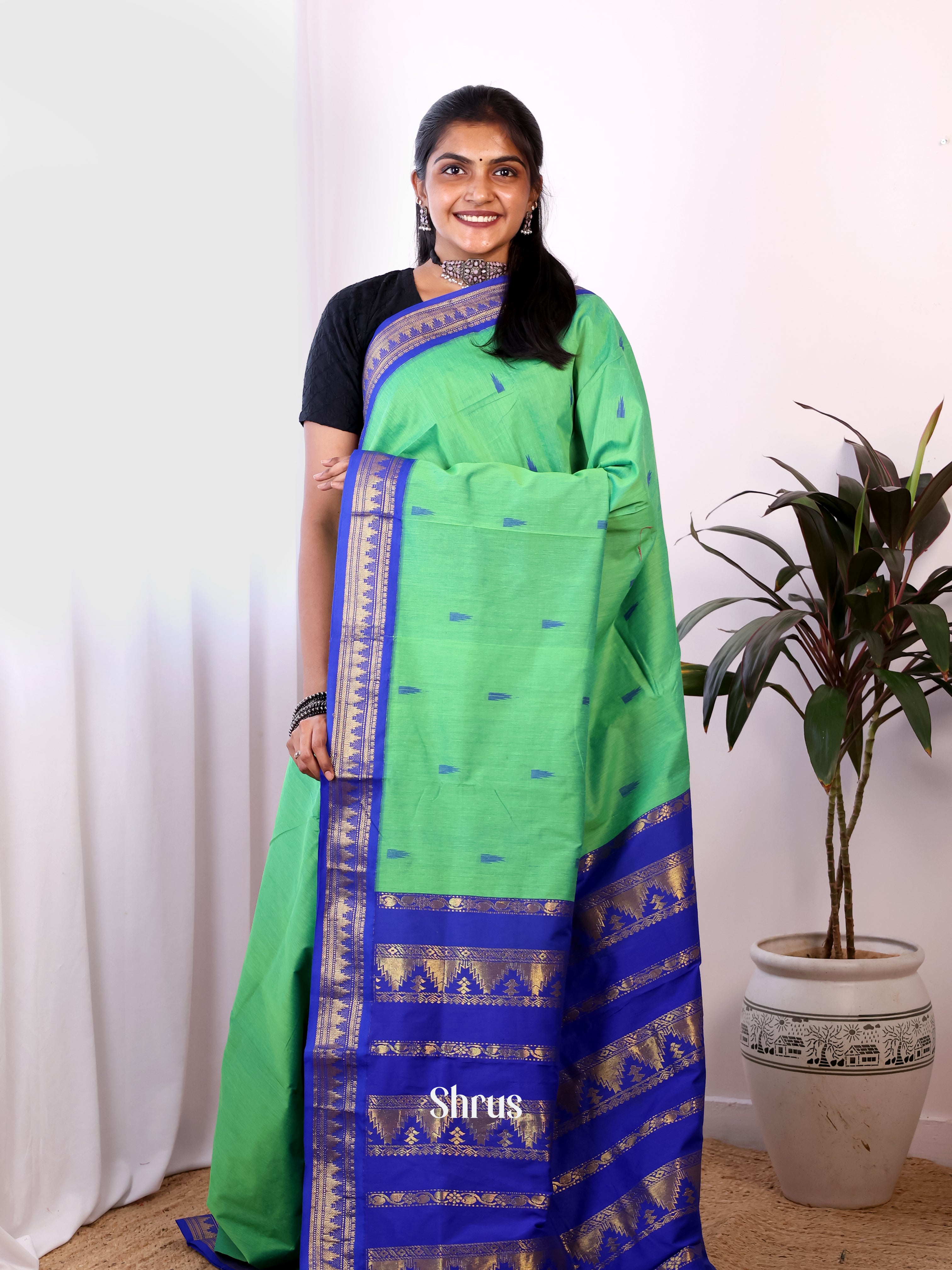 pista Green & Blue- Kalyani Cotton Saree - Shop on Shrus.com