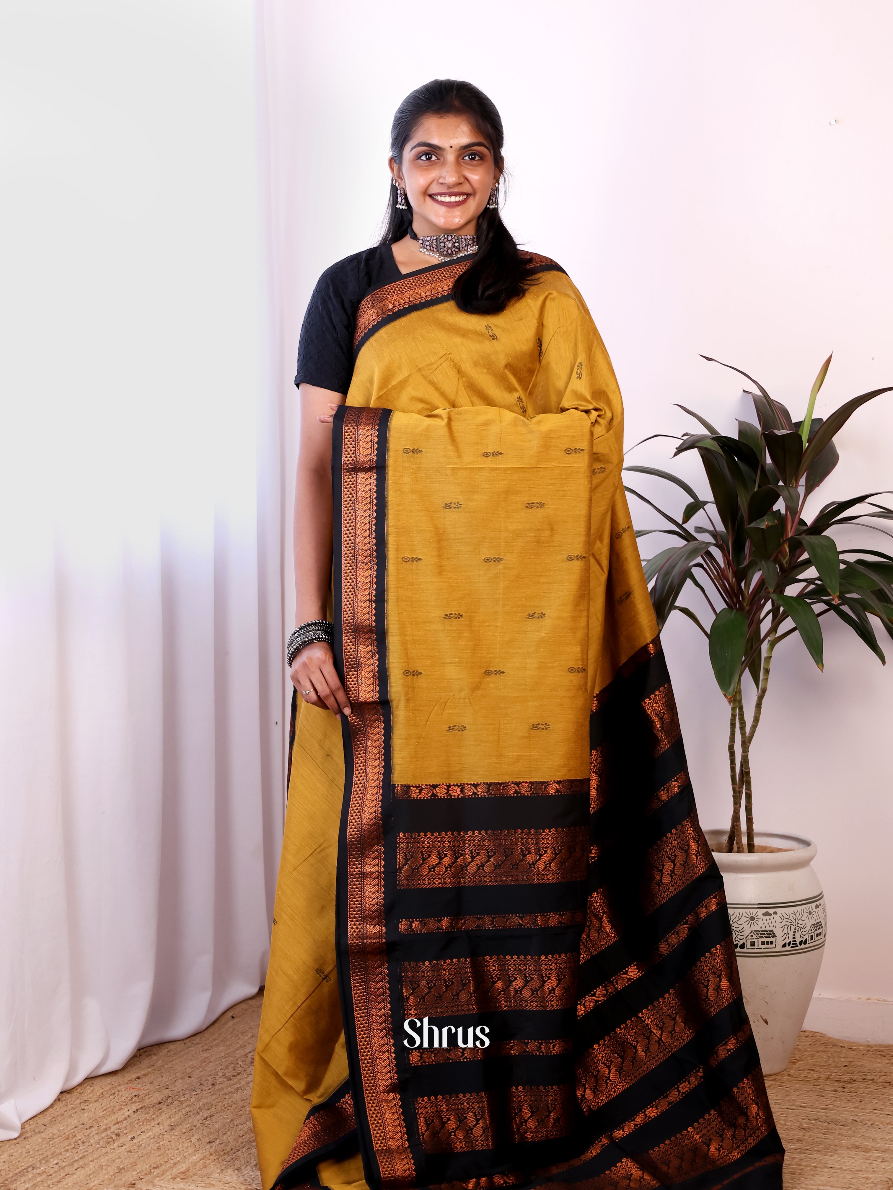 Mustard & Black - Kalyani Cotton Saree - Shop on Shrus.com