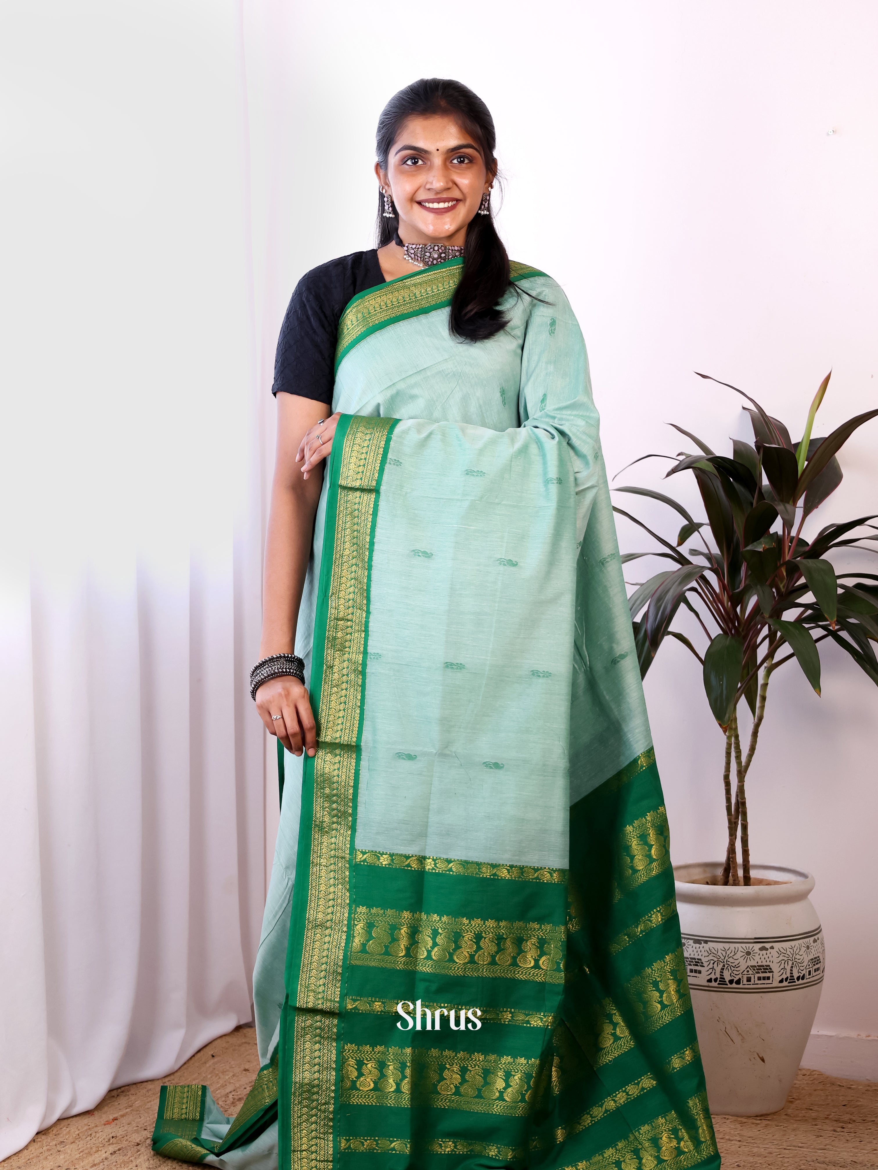 Pale Green & Green - Kalyani Cotton Saree - Shop on Shrus.com