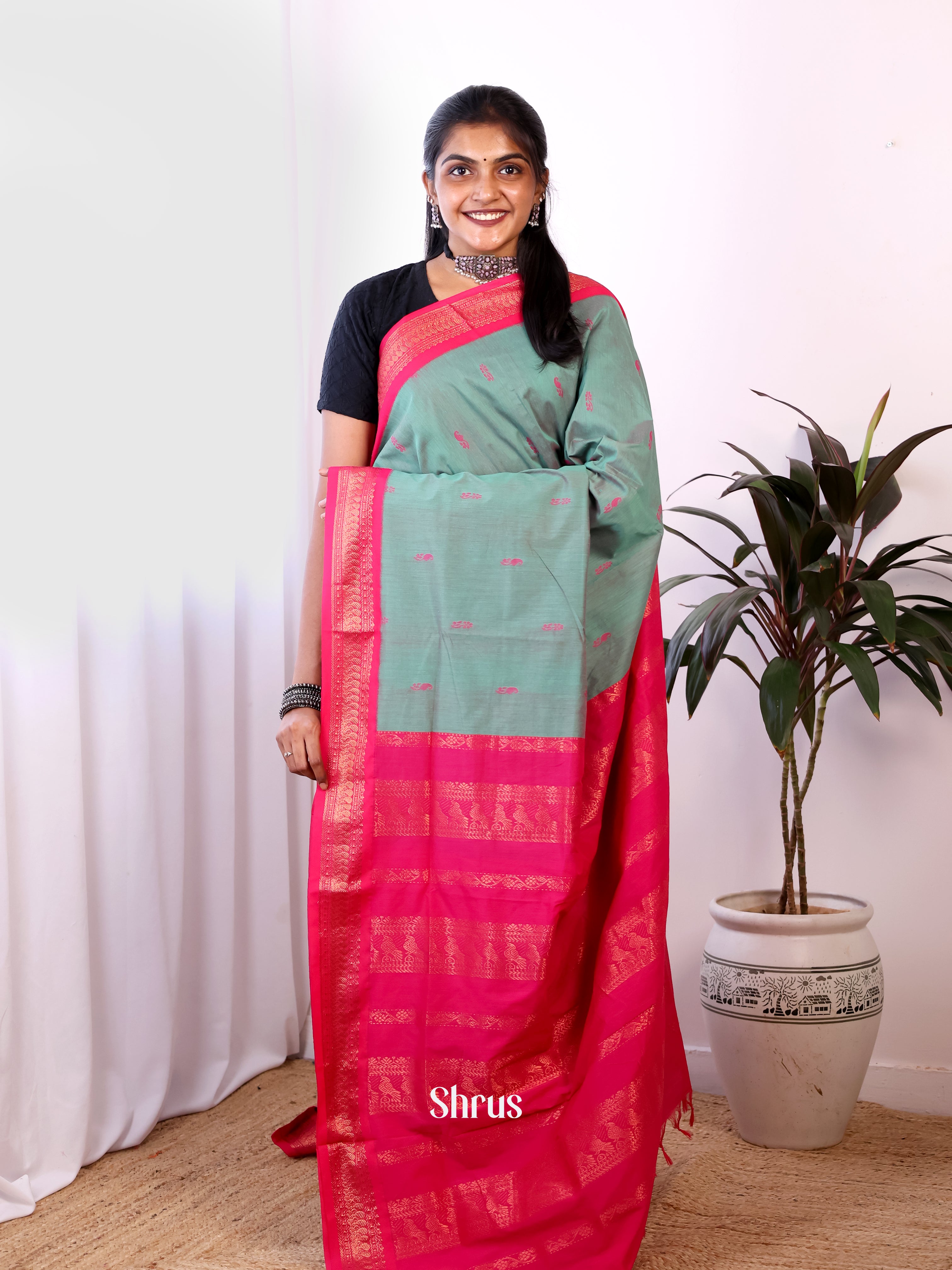 Grey & Pink - Kalyani Cotton Saree - Shop on Shrus.com