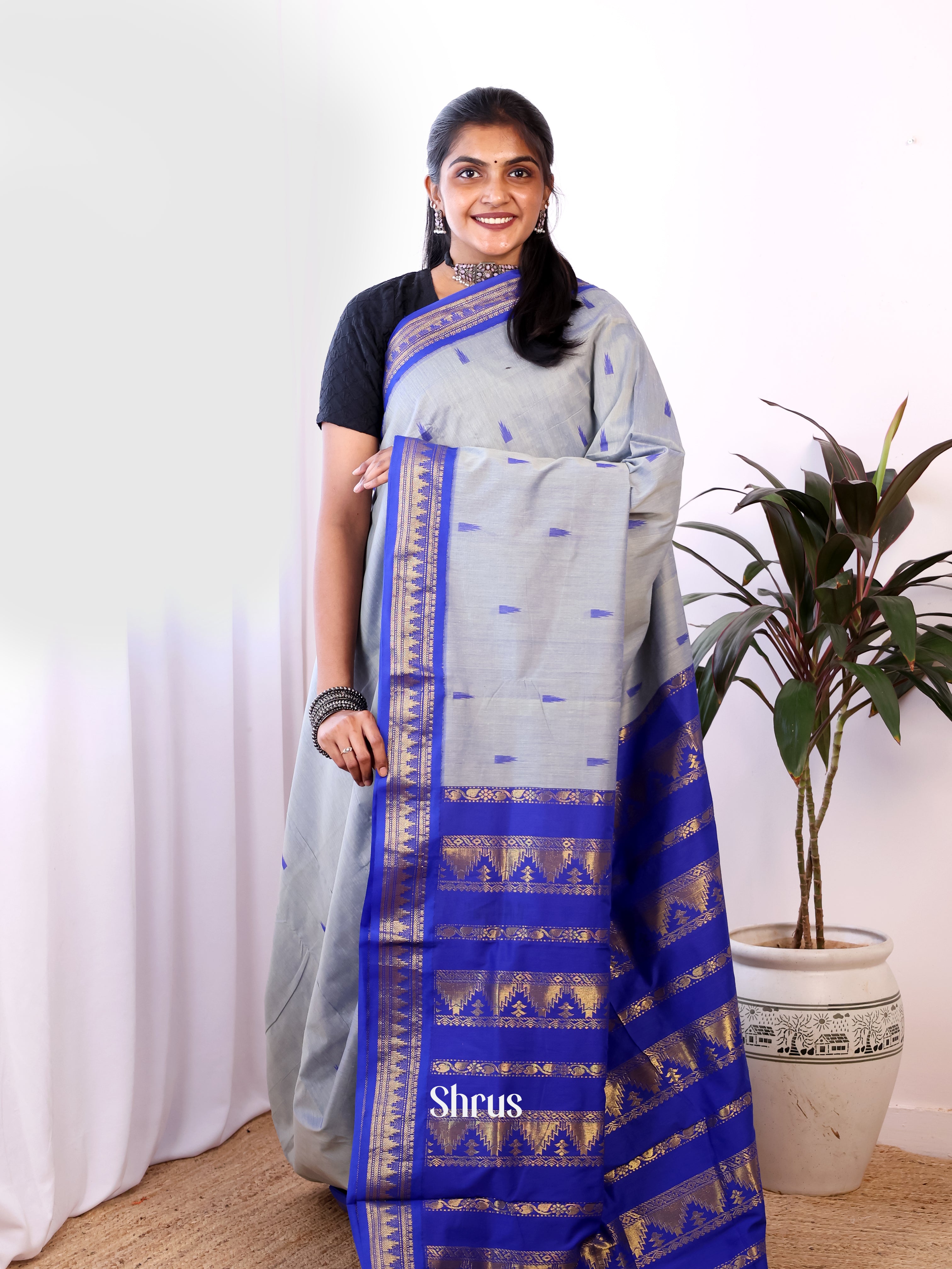 Grey & Blue - Kalyani Cotton Saree - Shop on Shrus.com