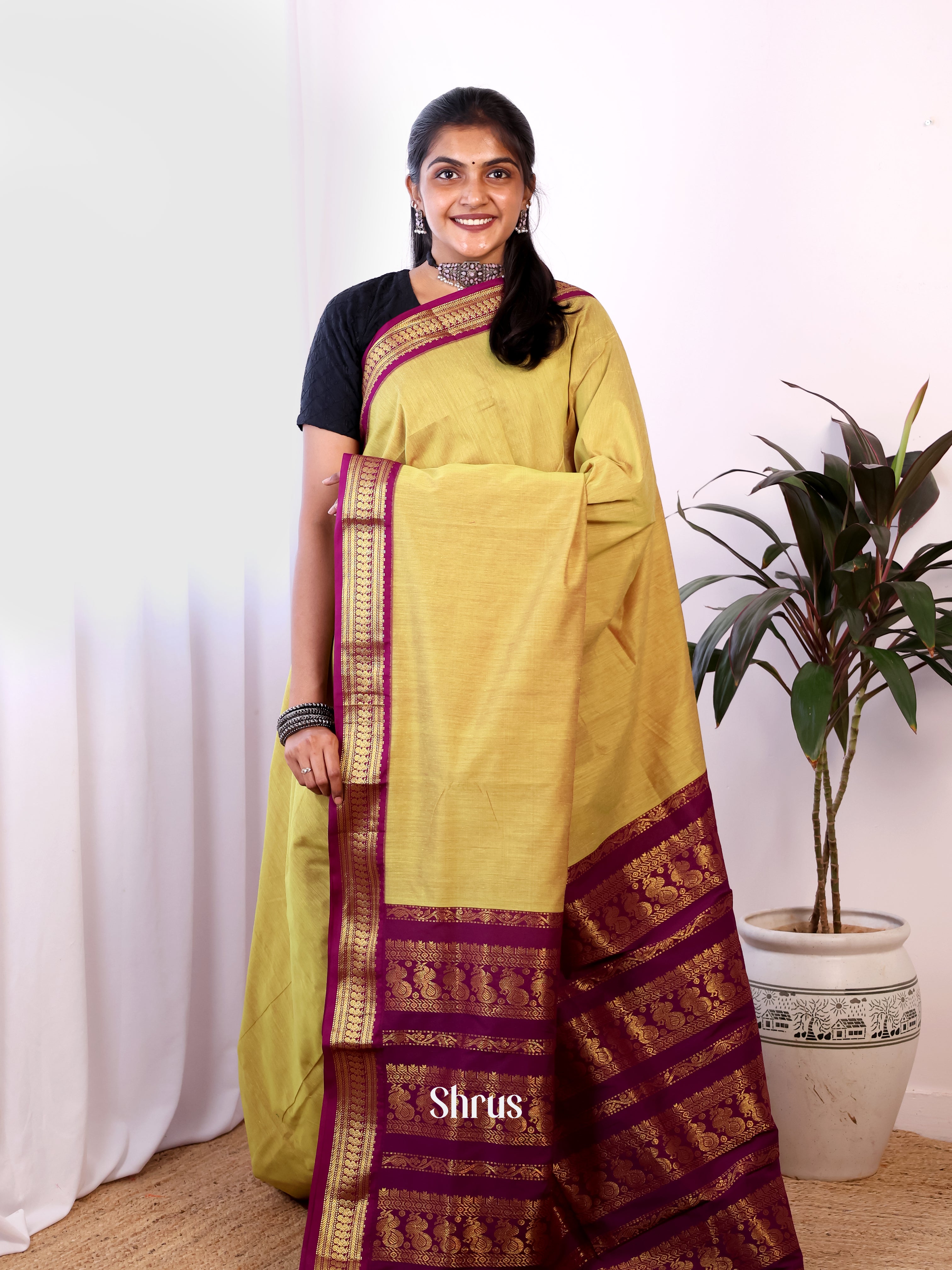 Mustardy Green & Purple - Kalyani Cotton Saree - Shop on Shrus.com