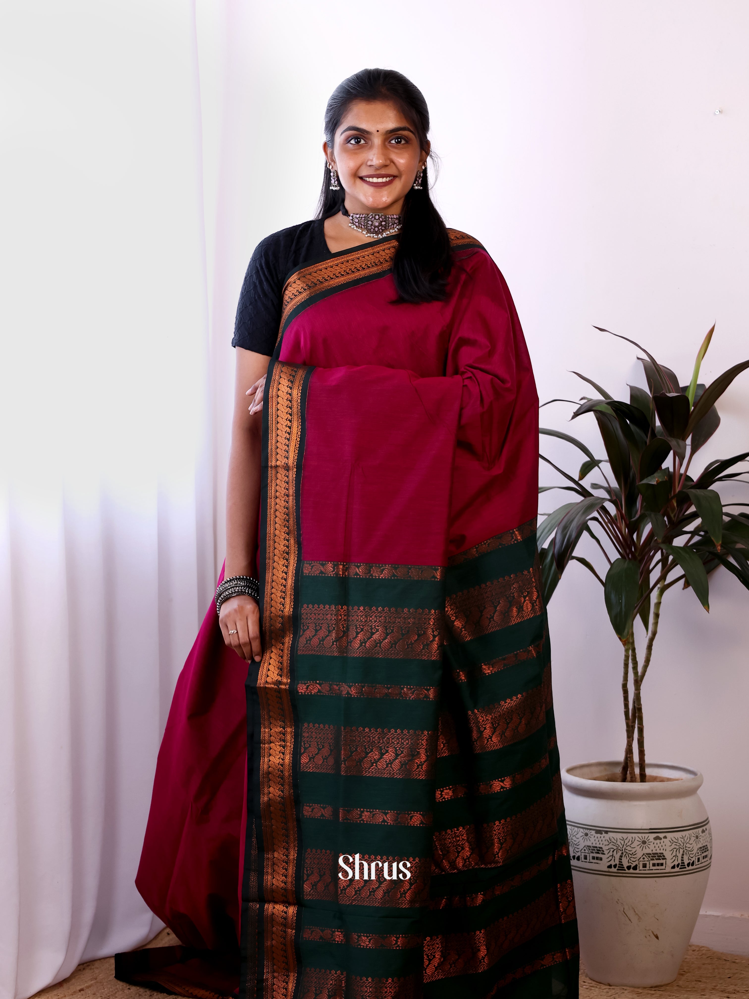 Maroon & Green - Kalyani Cotton Saree - Shop on Shrus.com