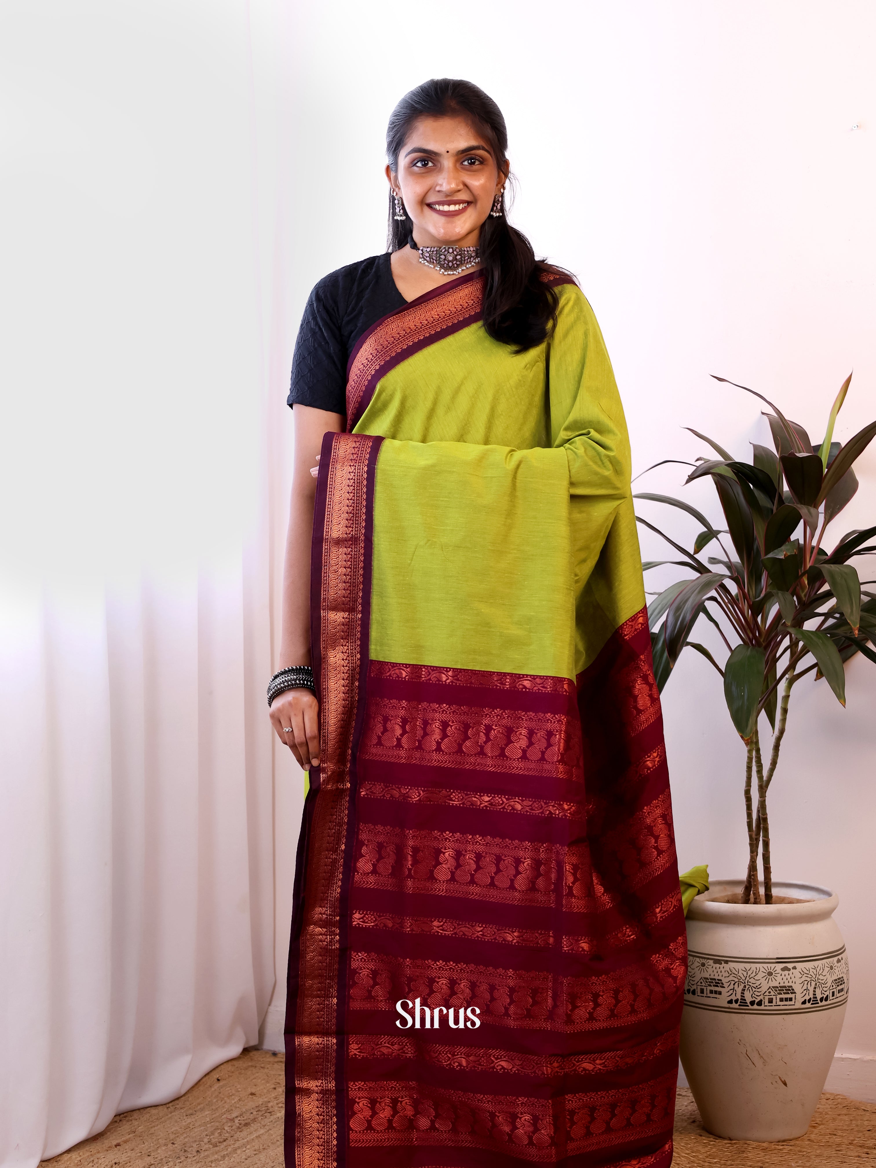 Green & Maroon - Kalyani Cotton Saree - Shop on Shrus.com