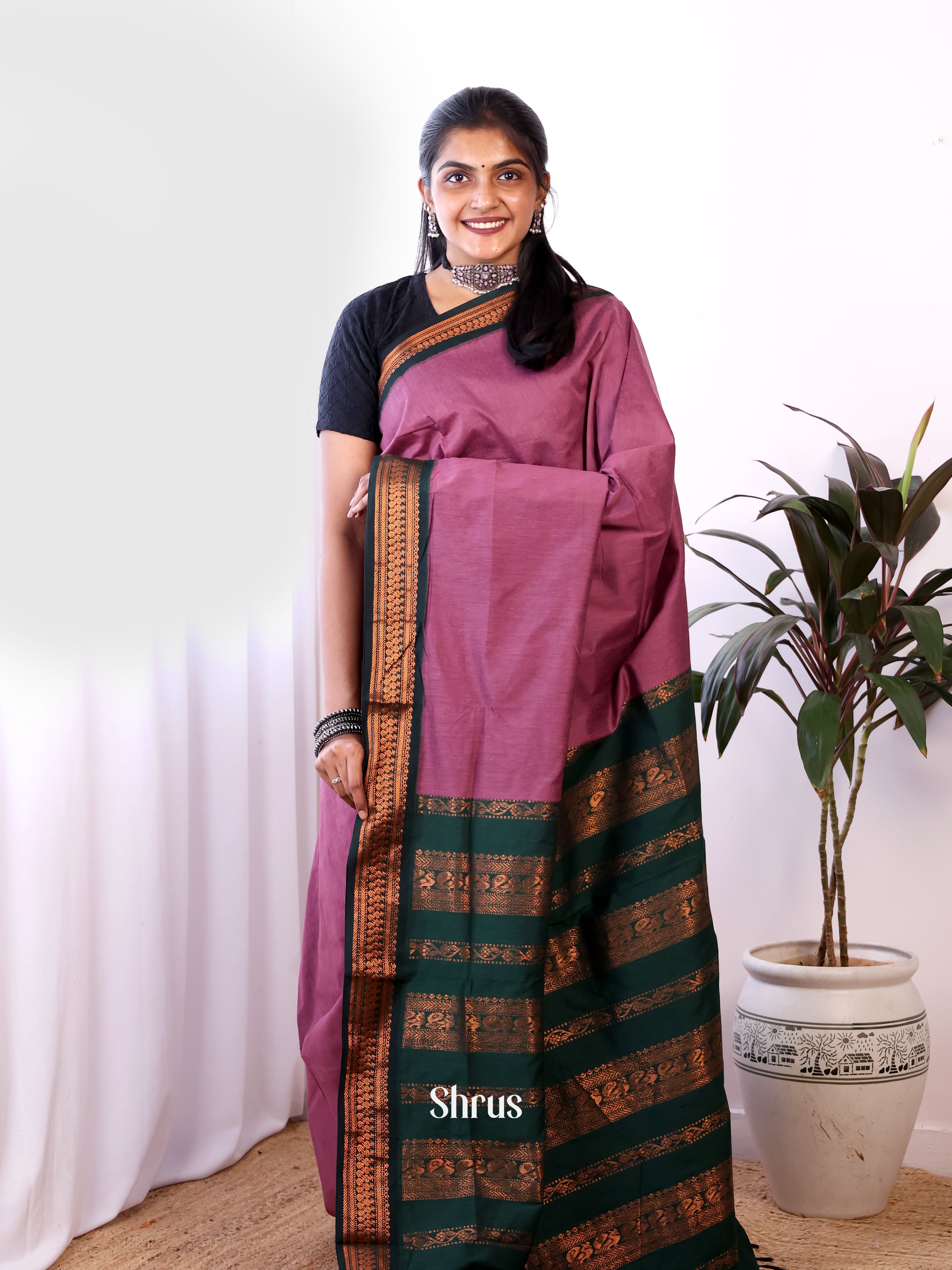 Pink & Green - Kalyani Cotton Saree - Shop on Shrus.com