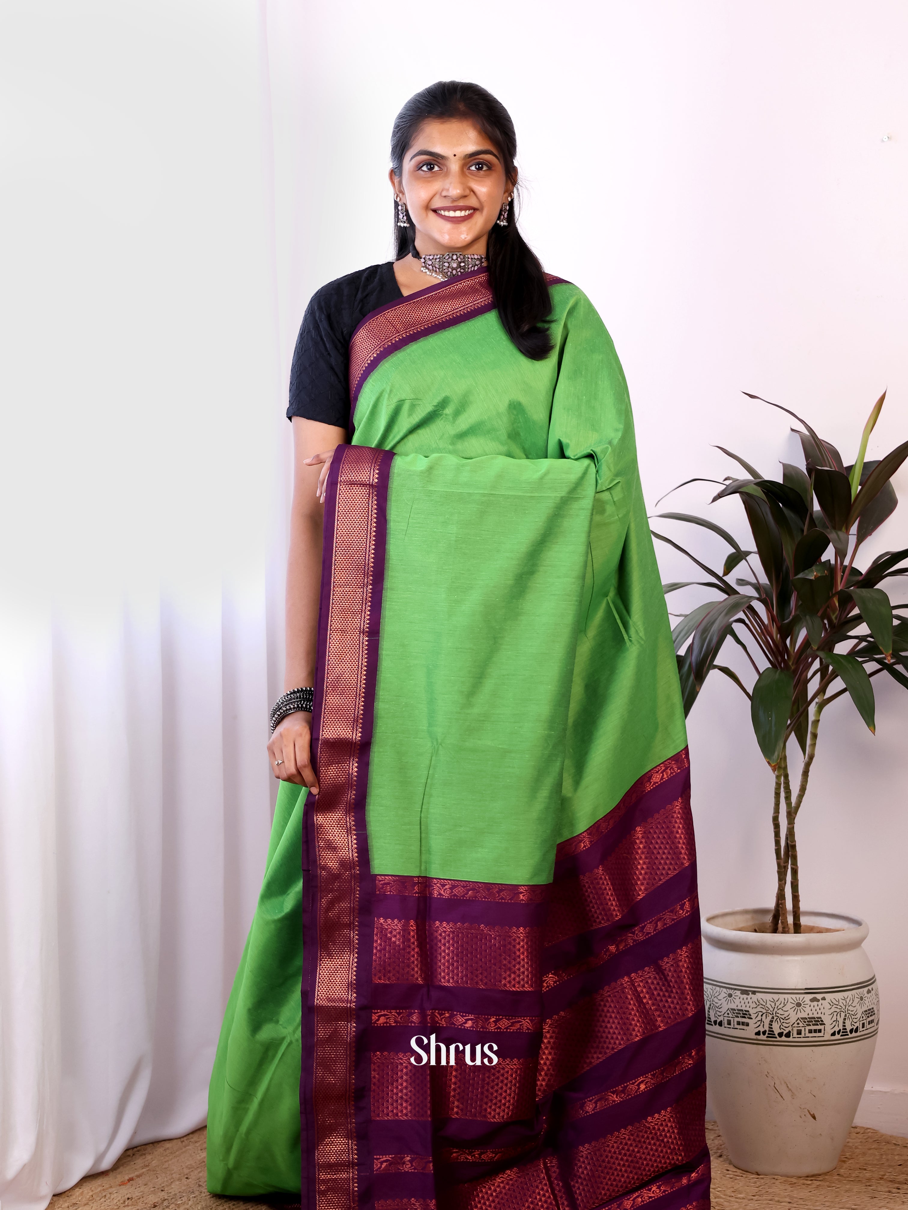 Green & Purple - Kalyani Cotton Saree - Shop on Shrus.com