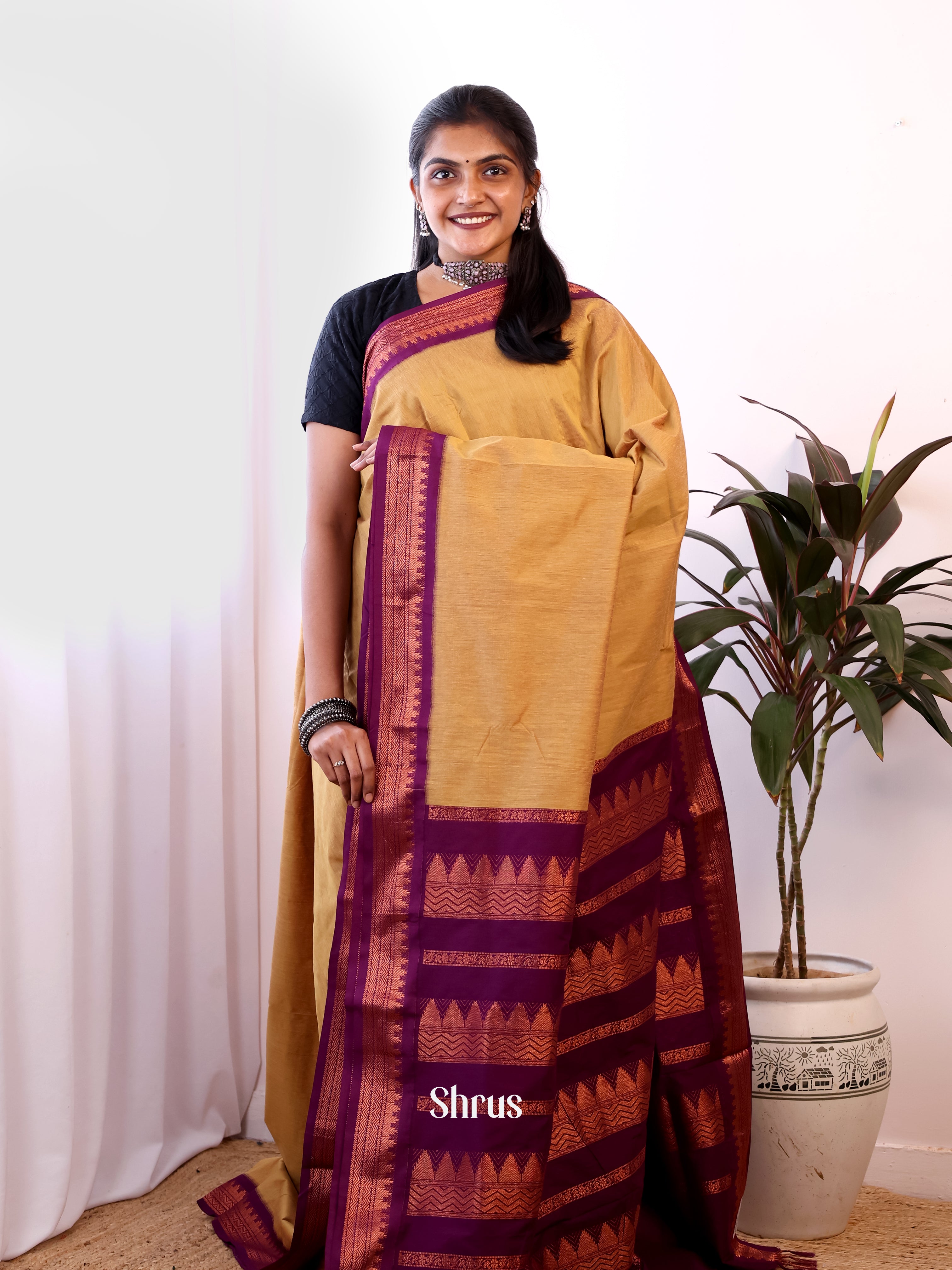 Sandal & Purple - Kalyani Cotton Saree - Shop on Shrus.com