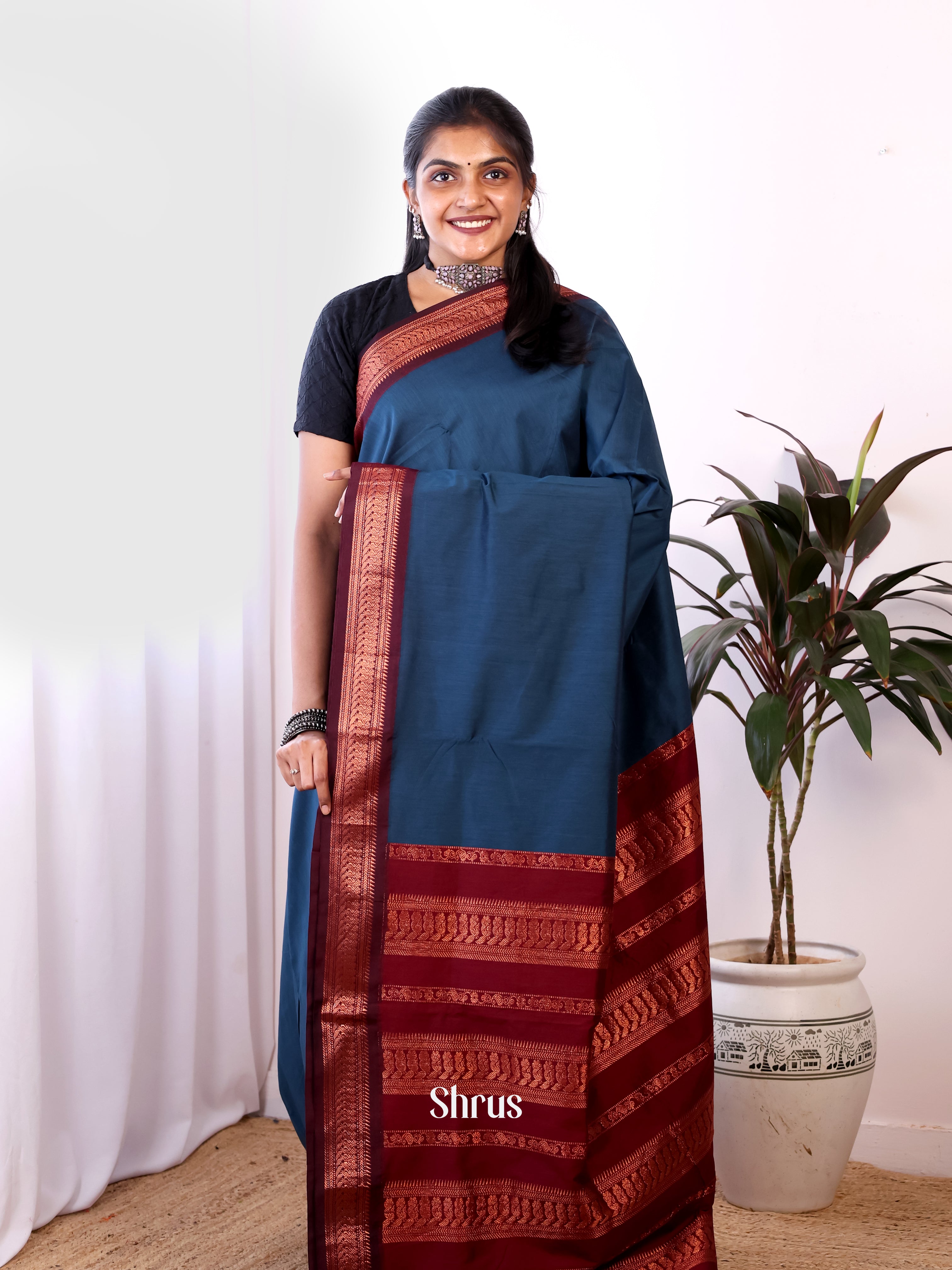 Blue & Maroon - Kalyani Cotton Saree - Shop on Shrus.com