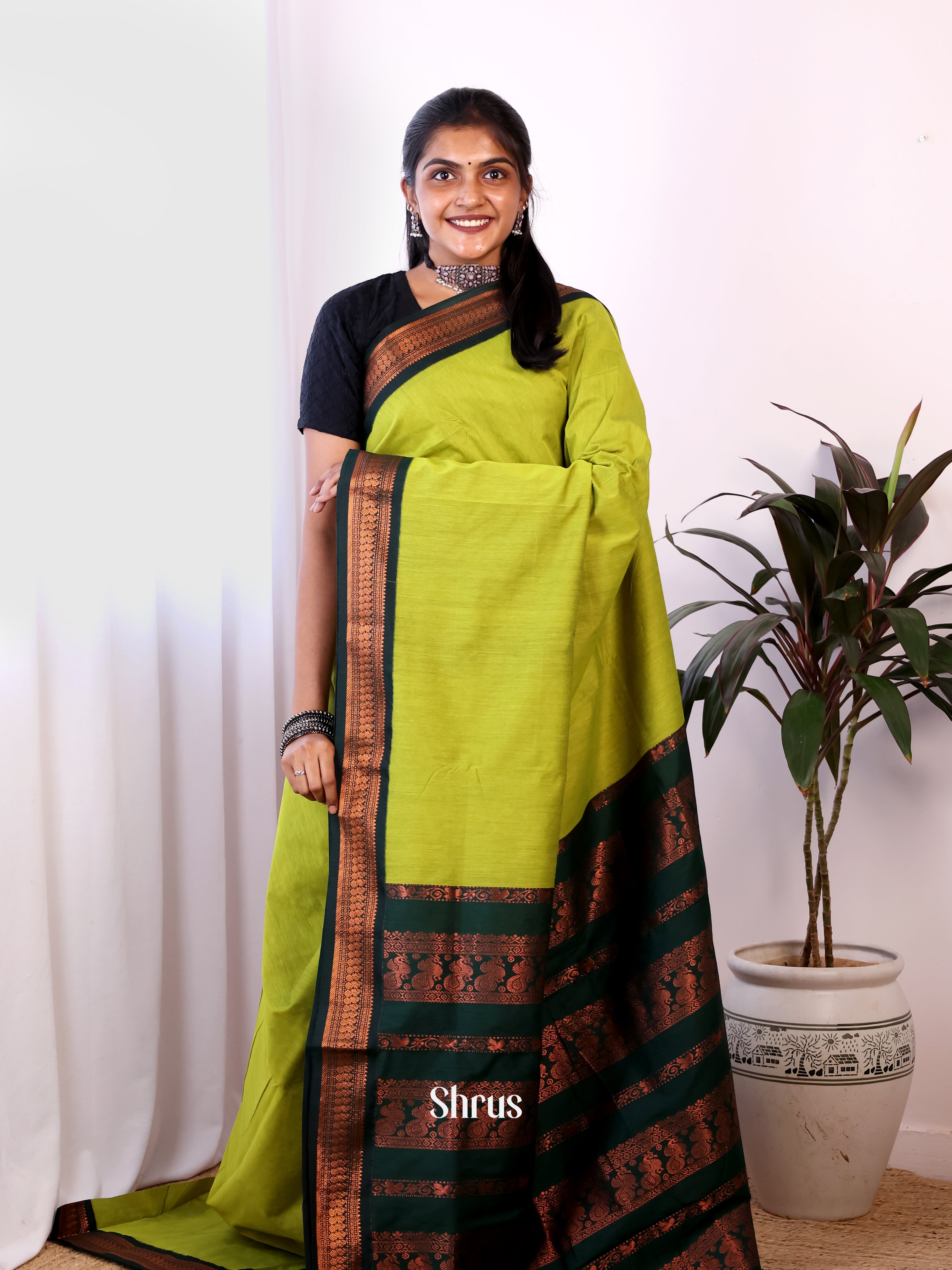 Lite Green & Green - Kalyani Cotton Saree - Shop on Shrus.com